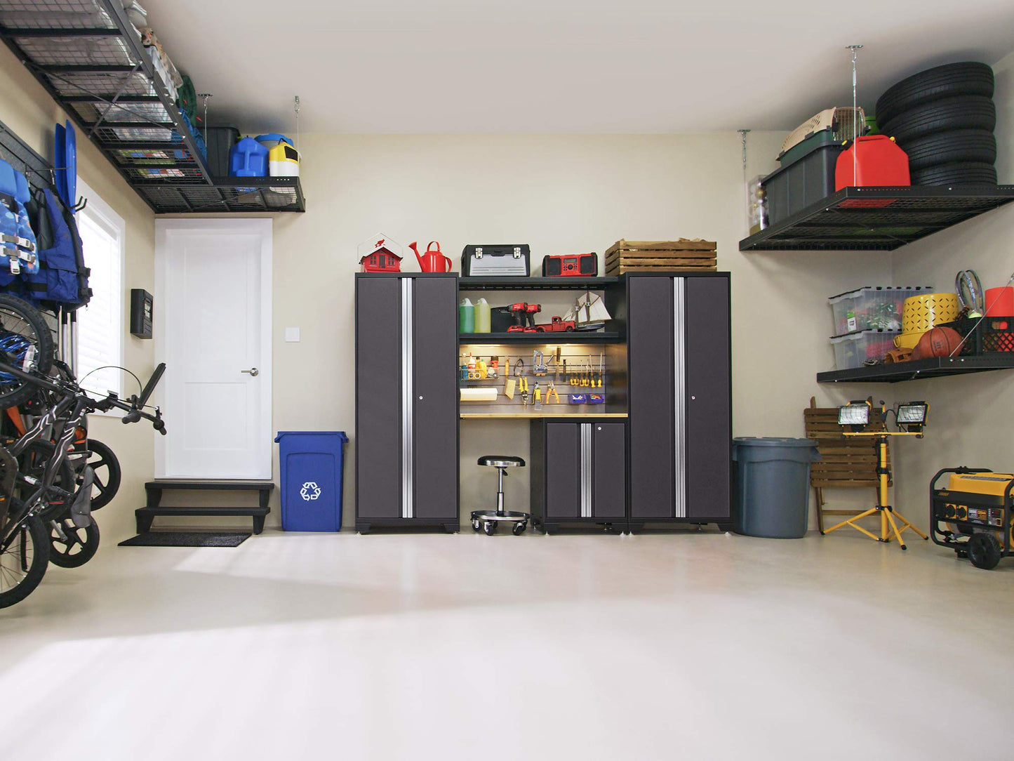 NewAge Products Garage Storage Cabinets Steel Bold Series 7 Piece Sets Includes Bamboo Worktop, Multi-Use lockers, Wall, Base and Rolling Tool Cabinets, Gray, 50421