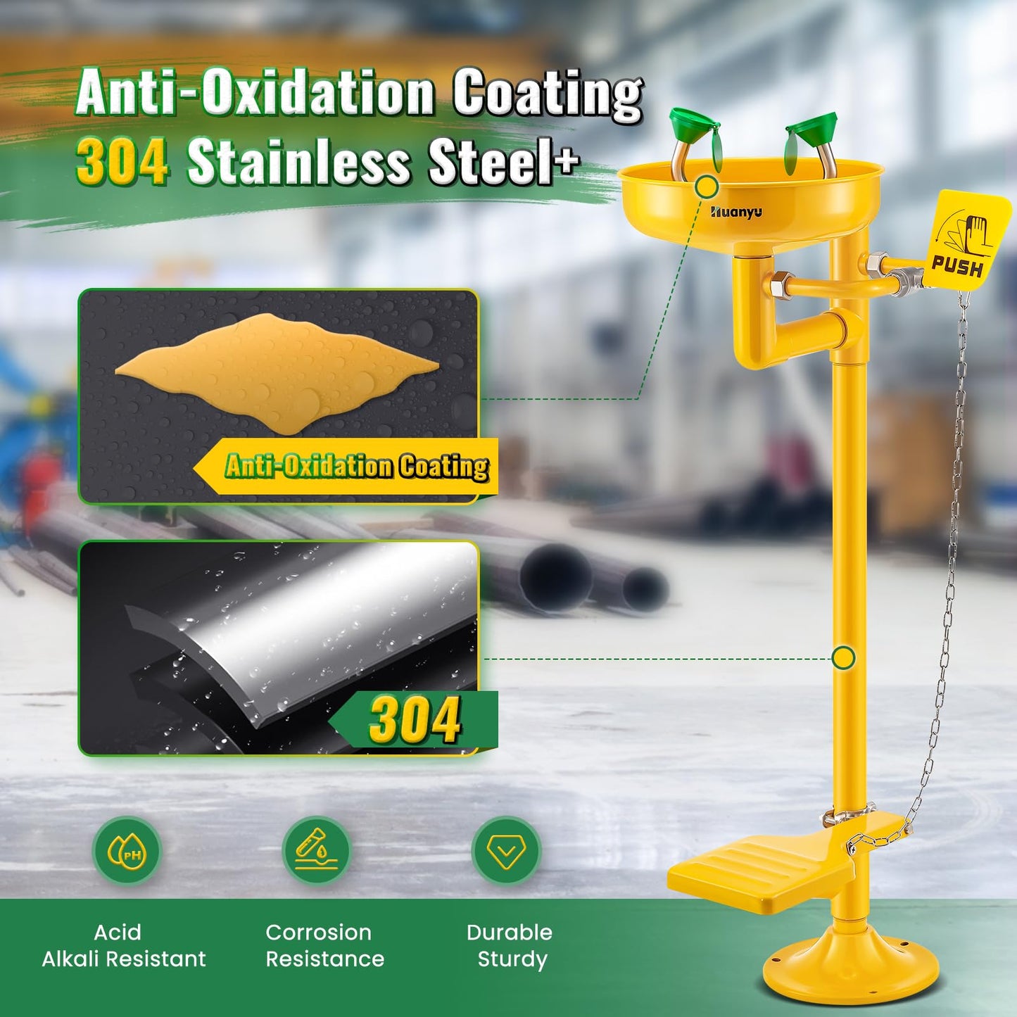 Huanyu Stand Up Eye Wash Station Floor Mounted Eyewash Station Adjustable Water Flow Emergency Eye Washing Station Stainless Steel with Eye Wash Sign Factory (1207-1 Yellow)