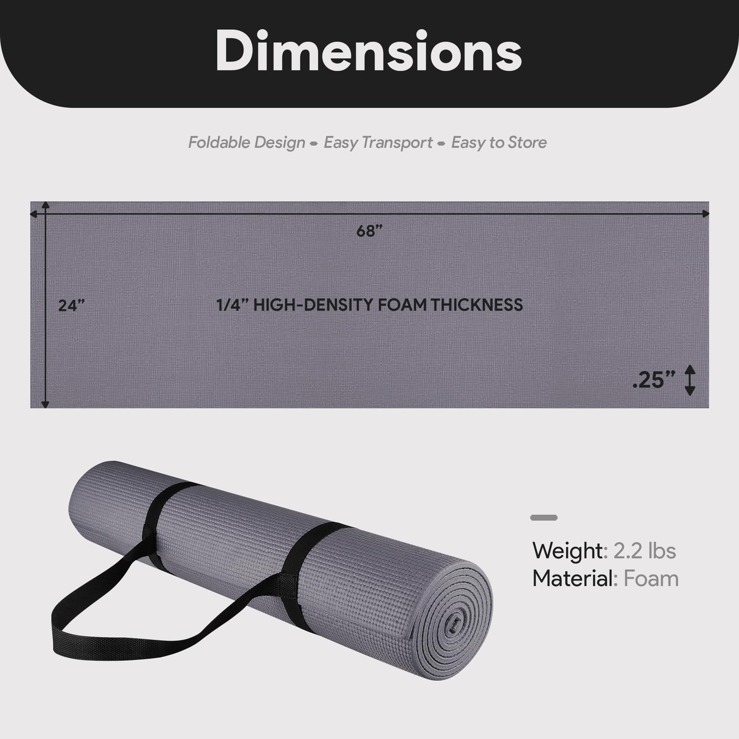 Fitvids 1/4-Inch High Density Thick Non Slip Yoga Mat with Knee Pad and Carrying Strap for Workout, Pilates, Gym Home Exercise, Grey