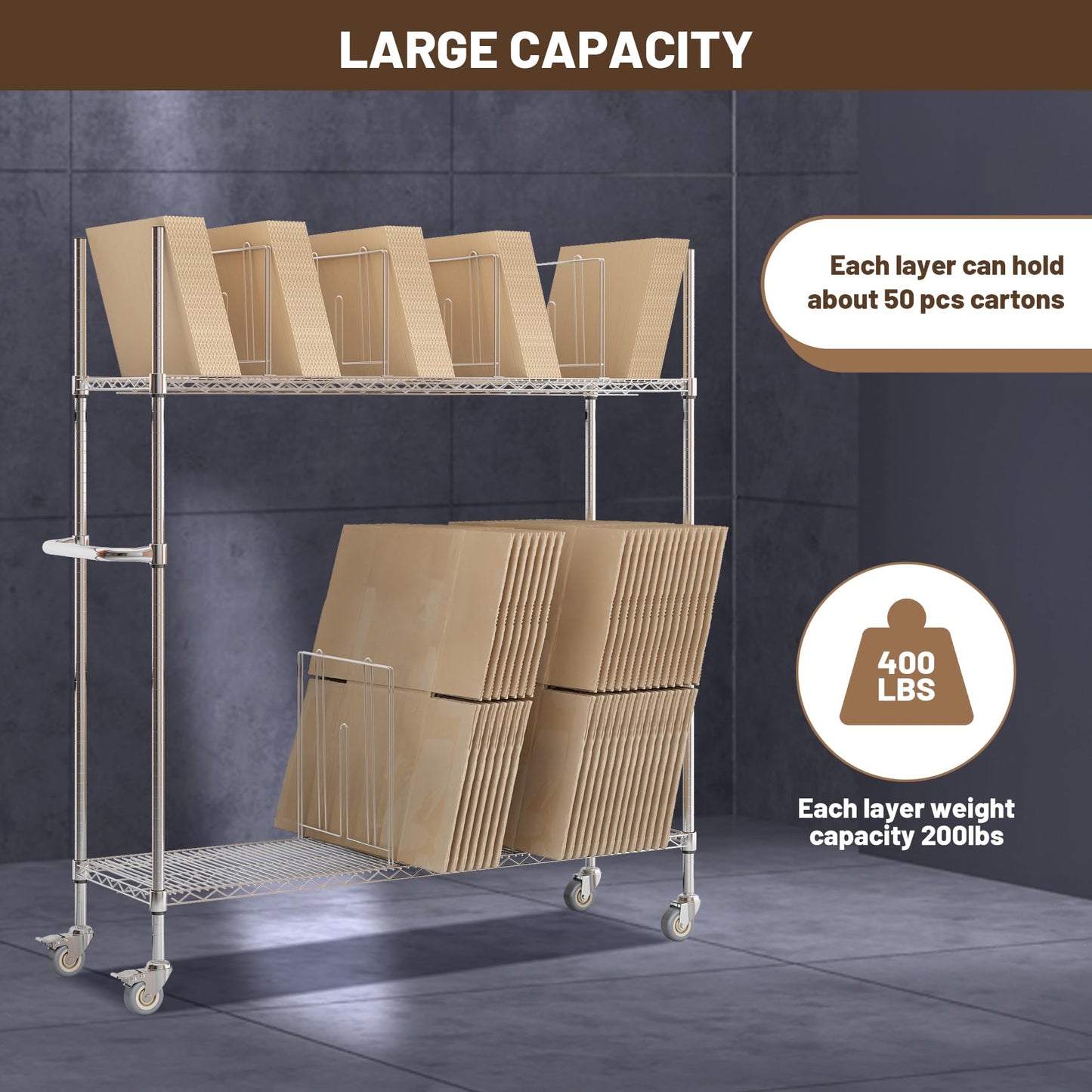 biosplot Wire Carton Cart, 2-Tier Carton Stand Unit, 60" x 18" x 69",400 Lb. Capacity, Portable Storage Rack with Wheels & Dividers, Metal Cardboard Box Rack for Home Supermarket Warehouse Commercial
