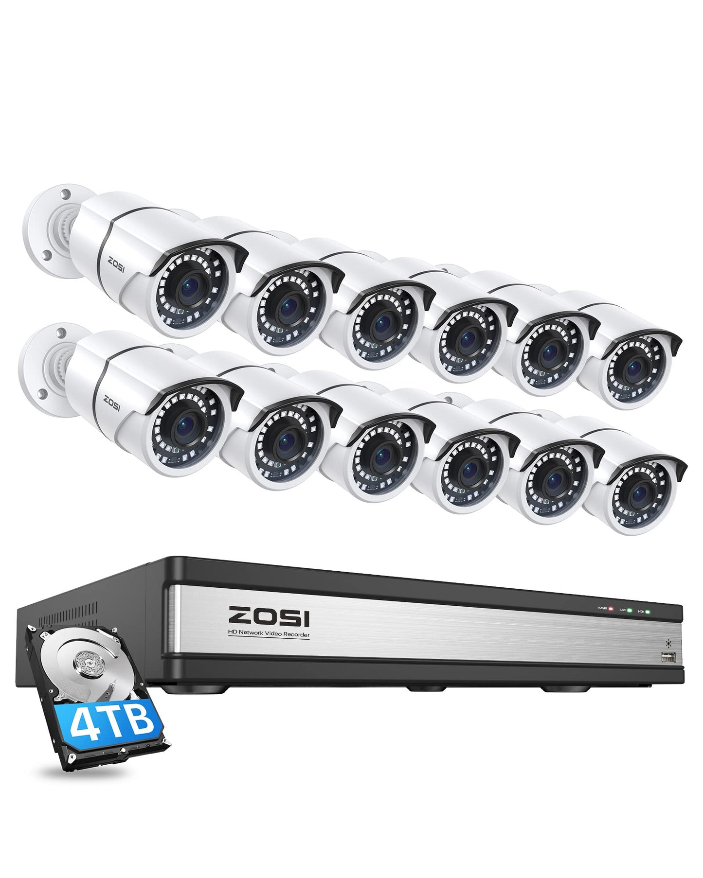 ZOSI 4K 16CH PoE Home Security Cameras System with 4TB Hard Drive,8MP 16 Channel CCTV NVR,12pcs 5MP Outdoor PoE Cameras,120ft Night Vision,Person Vehicle Detection,Remote Access,for 24/7 Recording