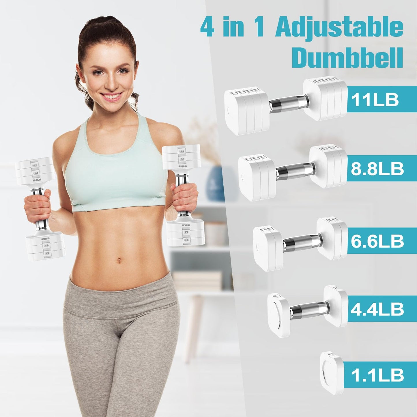 Hezeyferg 22LBS Adjustable Dumbbells Set, Adjustable Weight Dumbbells with 4 Levels 4.4lb, 6.6lb, 8.8lb, 11lb, Hand Weights Sets for Women/Men Home Gym Full Body Workout (11LB Each ( 22LB Pair ), White)