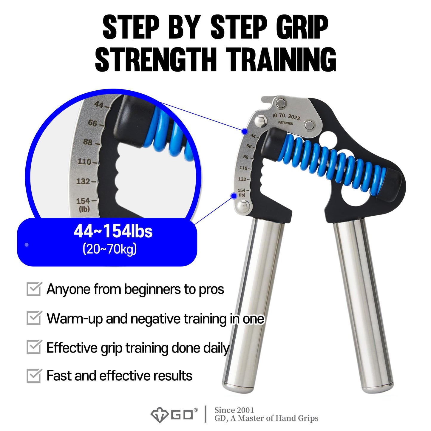 GD IRON GRIP 70(S) Adjustable Hand Grip Strengthener, 44~154lbs Grip Strength Trainer Premium Forearm Strengthener Hand Gripper for Grip Strength