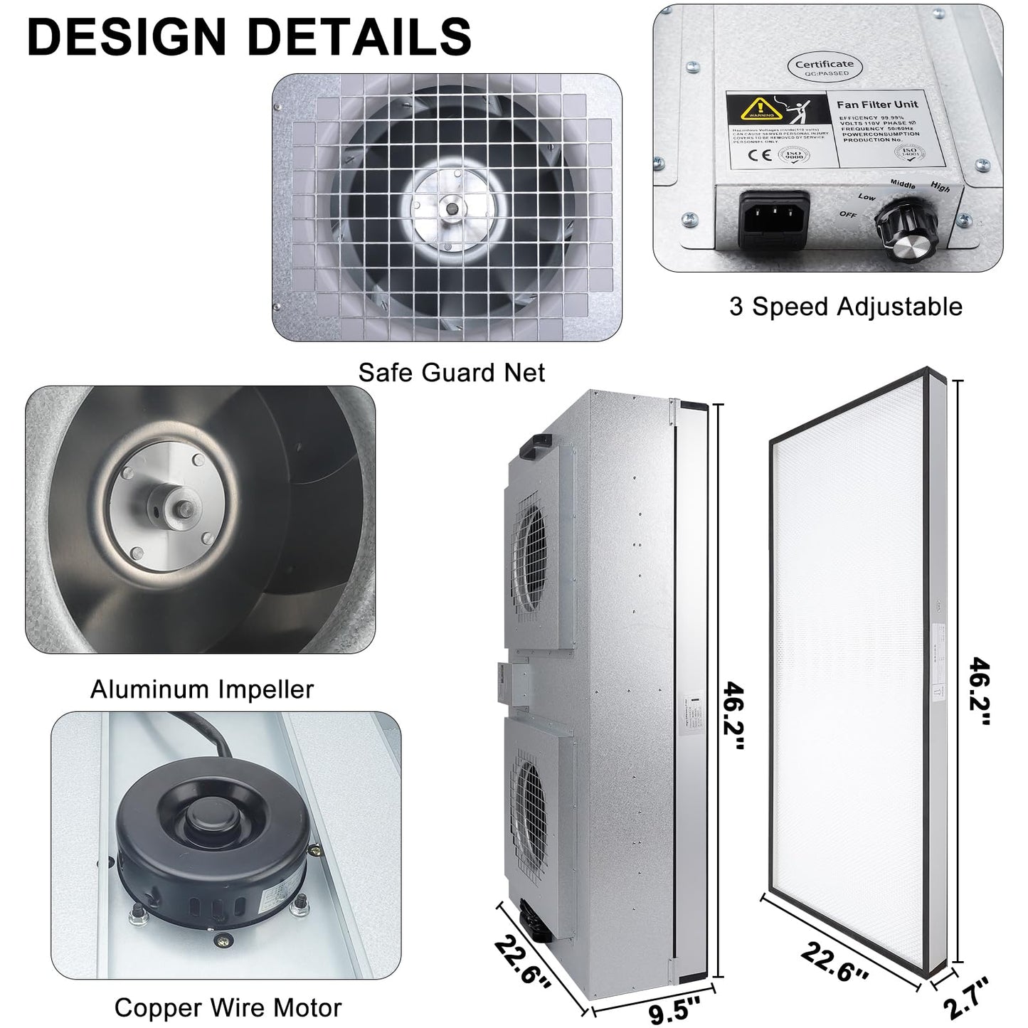 Fan Filter Unit Laminar-Flow-Hood Yzzwer - FFU HEPA Filters for Class 100/ISO 5 Cleanliness Clean Room Mycology and Mushroom Room Work 110V （Include HEPA Filter）