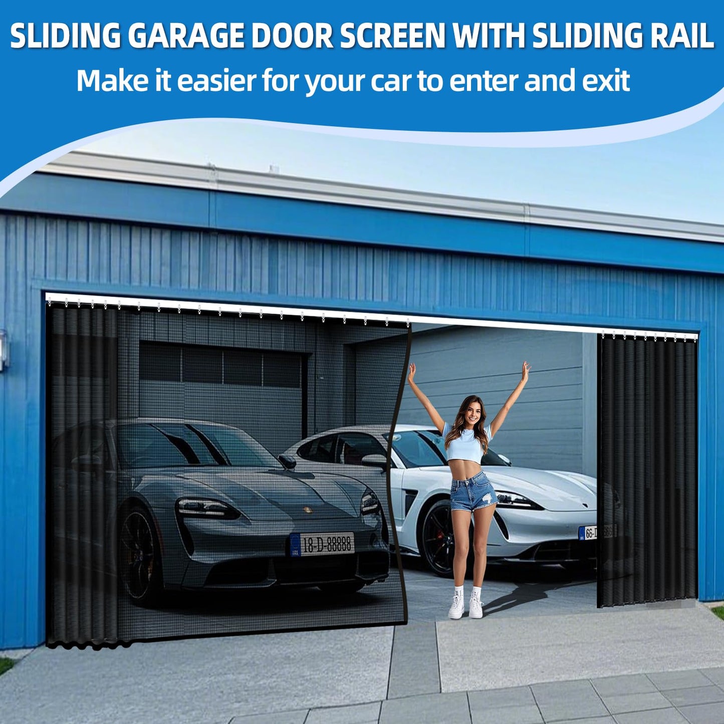 Sliding Garage Door Screen 2 Car with Track Closure,16x7Ft Garage Door Retractable Privacy Curtain Keep Annoying Animals Out Easy Install Heavy Duty Fiberglass Mesh for Opening Garage Aluminum Rail B1