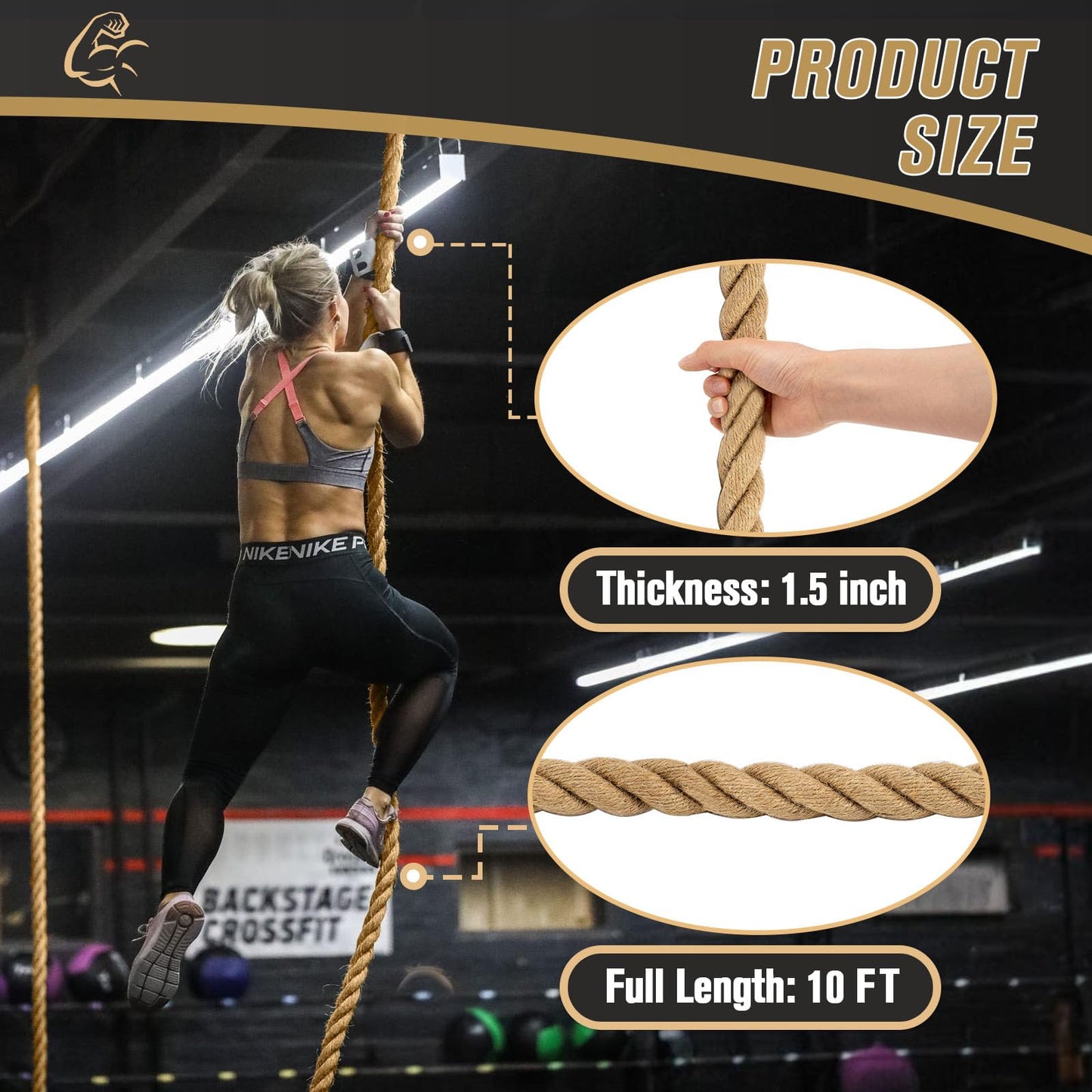 GDHSWJ Gym Climbing Rope, Indoor Outdoor Climbing Ropes - Climbing Rope for Adults - 10ft Length, 1.5" Diameter, Climbing Ropes with Hook for Indoor and Outdoor Fitness