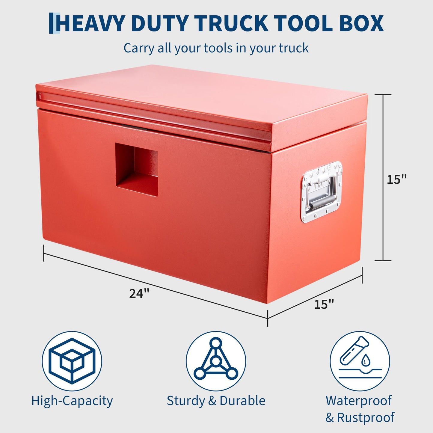 PeakPursuit Heavy Duty Red Steel Truck Bed Toolbox – Waterproof Industrial Storage Chest, Gas-Shock Lid, Rubber Seal, Lock & Keys for Pickup, RV, Trailer
