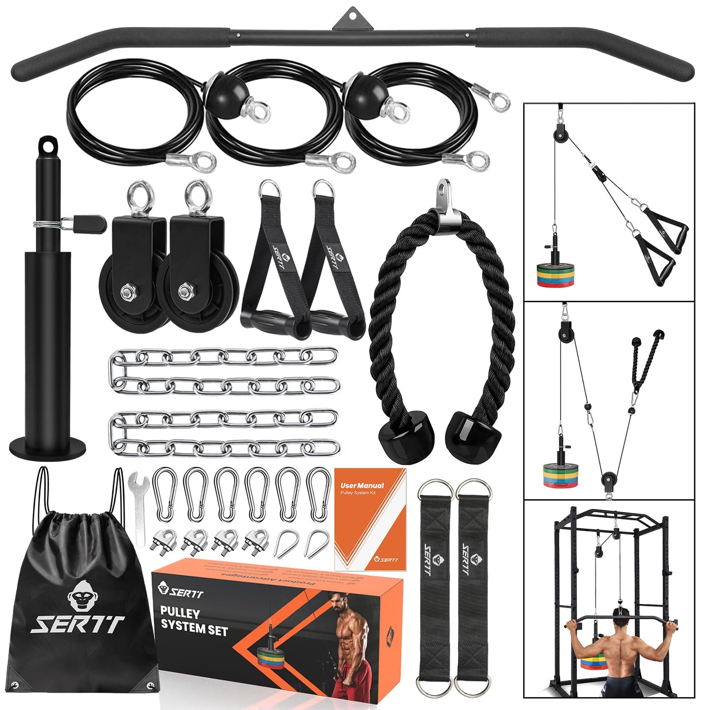 SERTT Weight Pulley System Gym, Pulley Pro Home Cable Pulley System gym for Lat Pull Down, Biceps Curl, Triceps, Shoulders, Back, Forearm Workout, DIY Weight Cable Pulley Attachments for Gym Equipment