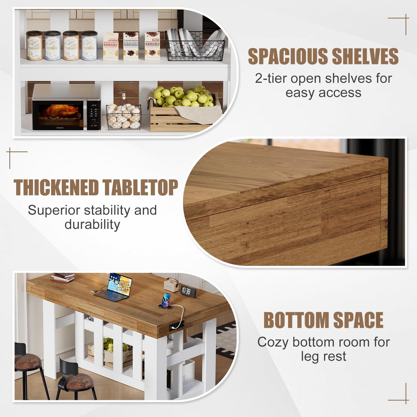 PAKASEPT 55" Kitchen Island with Storage, 3-Tier Farmhouse Wood Island Table with Power Outlets,Shelves for Kitchen, Dining Table for 4,Dining Room,Living Room,Home Bar,White
