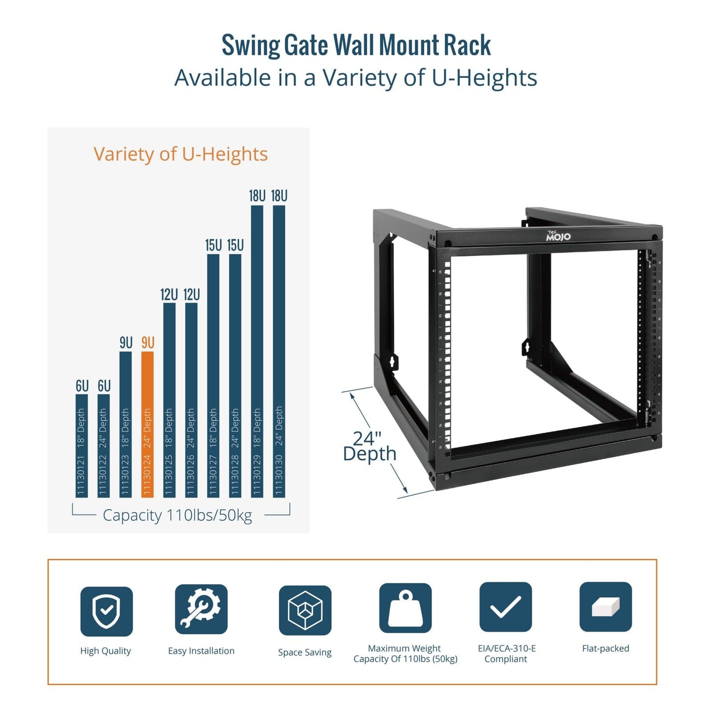Tecmojo 9U Rack Wall Mount with Swing Gate, 9U Server Rack for 19inch Computer/AV/Data/IT/Media Equipment, Open Frame Server Rack with 24inch Depth, Square&Tapped Holes