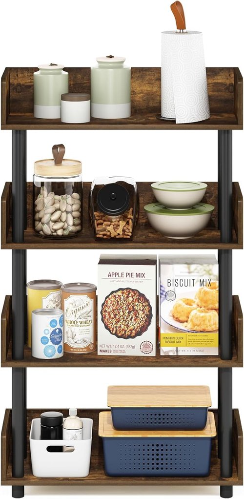 Furinno Turn-N-Tube 4-Tier Display Rack - Toolless Assembly, Amber Pine & Black Finish