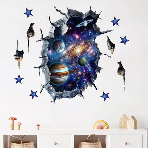 Mfault Outer Space 3D Broken Wall Decals Stickers, Universe Galaxy Planets Stars Nursery Decorations Kids Bedroom Art, Solar System Baby Boys Toddlers Playroom Home Decor