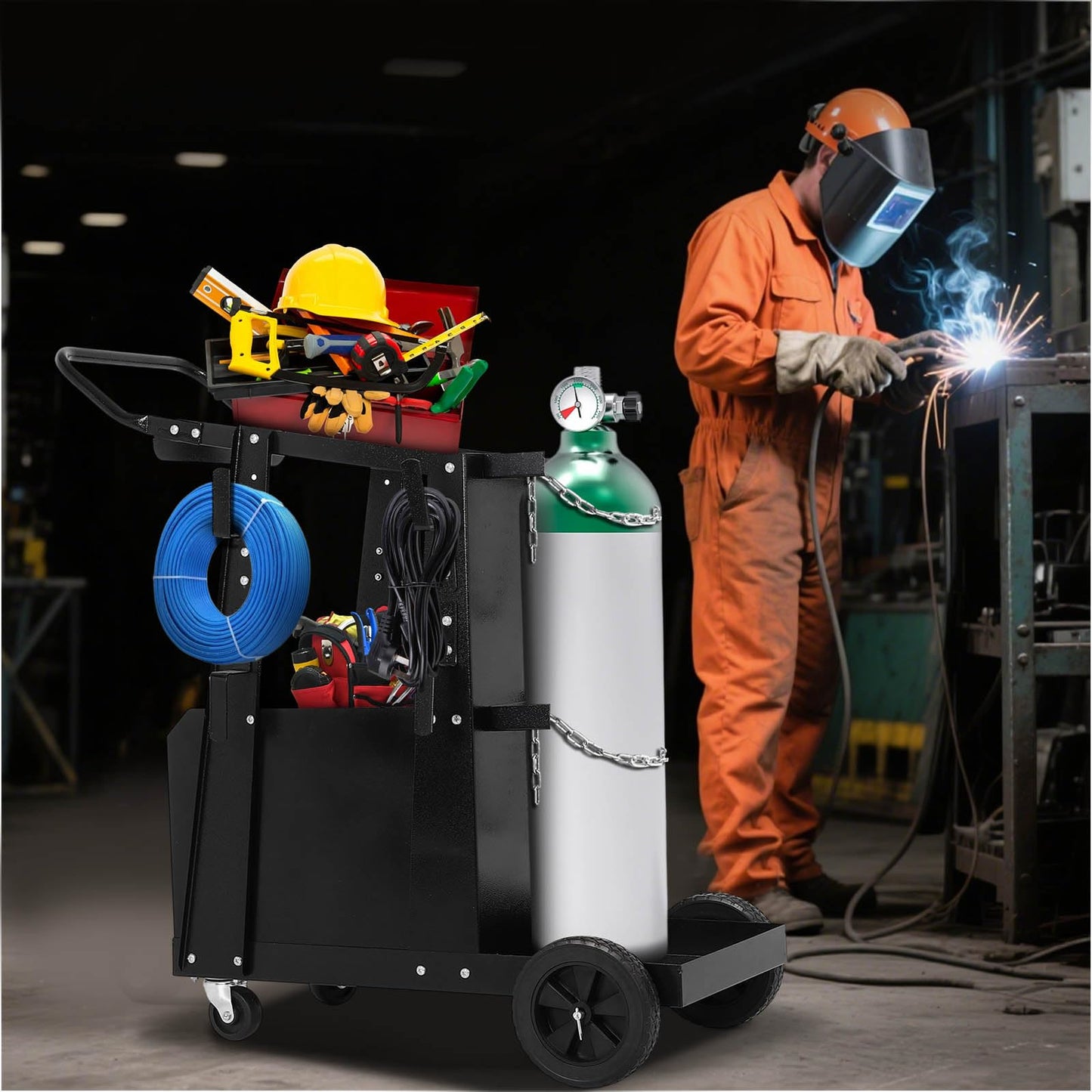 FAHKNS Welding Cart - Heavy Duty Welding Carts for MIG Welder & Plasma Cutter，Welding Cart with Large Capacity Lockable Cabinet, 360° Swivel Wheels, Cable Hook，Static Load Capacity 220 LBS
