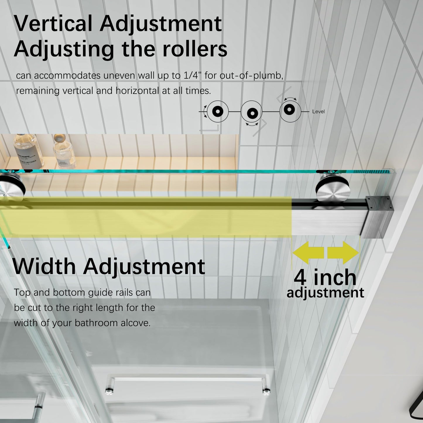 FEKEWIO Soft Close Shower Doors 56-60" W x 76" H Double Sliding 3/8"(10mm) Clear Tempered SGCC Shatterproof Glass Frameless Width Adjustable Easy Clean Stainless Steel Hardware, DS13- Brushed Nickel