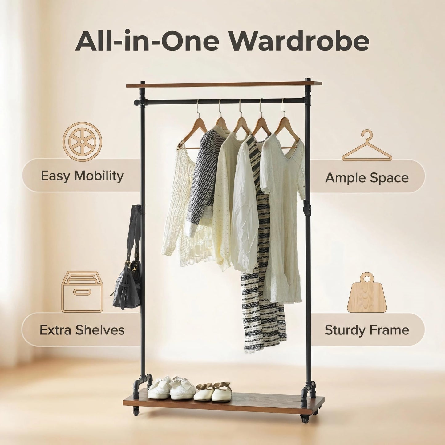 BIXIRAO Industrial Pipe Clothing Rack on Wheels, Rolling Iron Garment Racks with Wood Shelves, Commercial Heavy Duty Clothing Racks, Steampunk Clothes Rack Retail (Two Tiers)