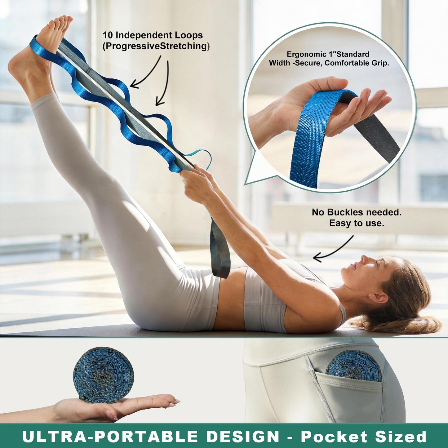 Acozycoo Stretching Strap with 10 Loops – Non-Elastic Yoga Strap for Physical Therapy, Knee Replacement Recovery & Plantar Fasciitis – Leg Stretcher Band for Flexibility & Hamstring Rehab（Blue)