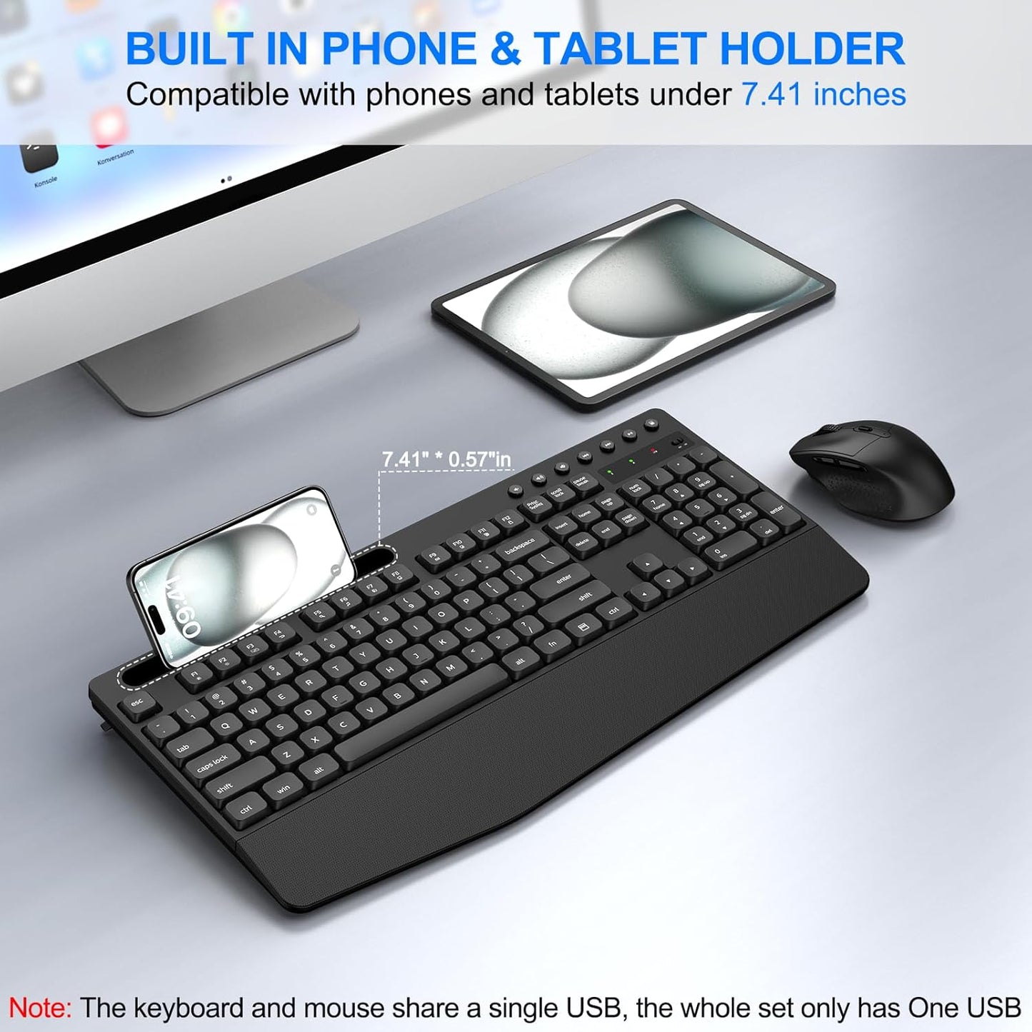EDJO Set Wireless Keyboard and Mouse Combo, Full-Size Ergonomic Wireless Computer Keyboard with Wrist Rest, Phone