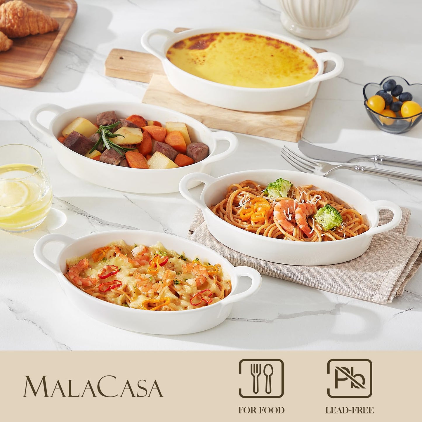 MALACASA Small Casserole Baking Dishes for Oven, Ceramic Oval Baking Dish Sets of 4, 8" x 5" Inch Au Gratin Baking Pans with Handles for Roasting, Lasagna, Pie, Baking Meat & Vegetables, White