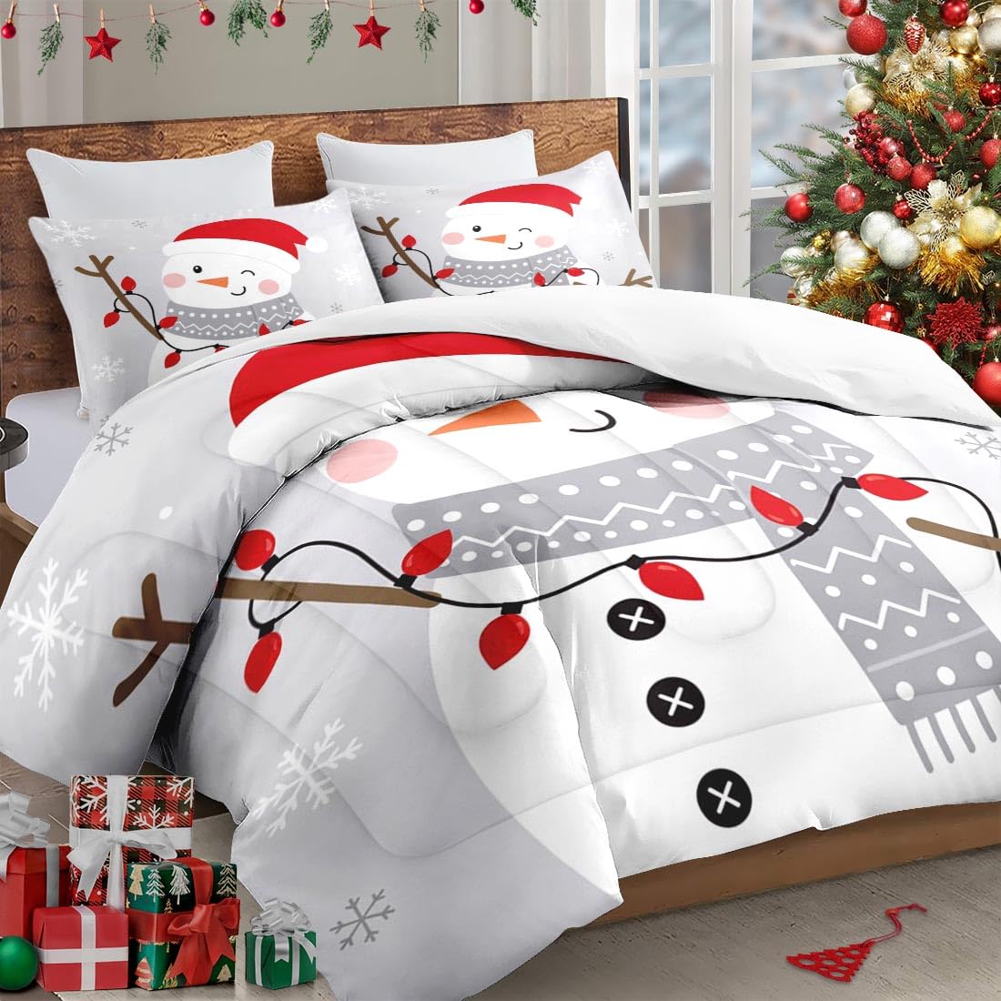 WeCozy Full Size Comforter Set with 2 Pillowcases, Christmas Gray Cute Santa Snowman Soft 3 Pcs Bedding for Kids and Adults Bedroom Bed Decor