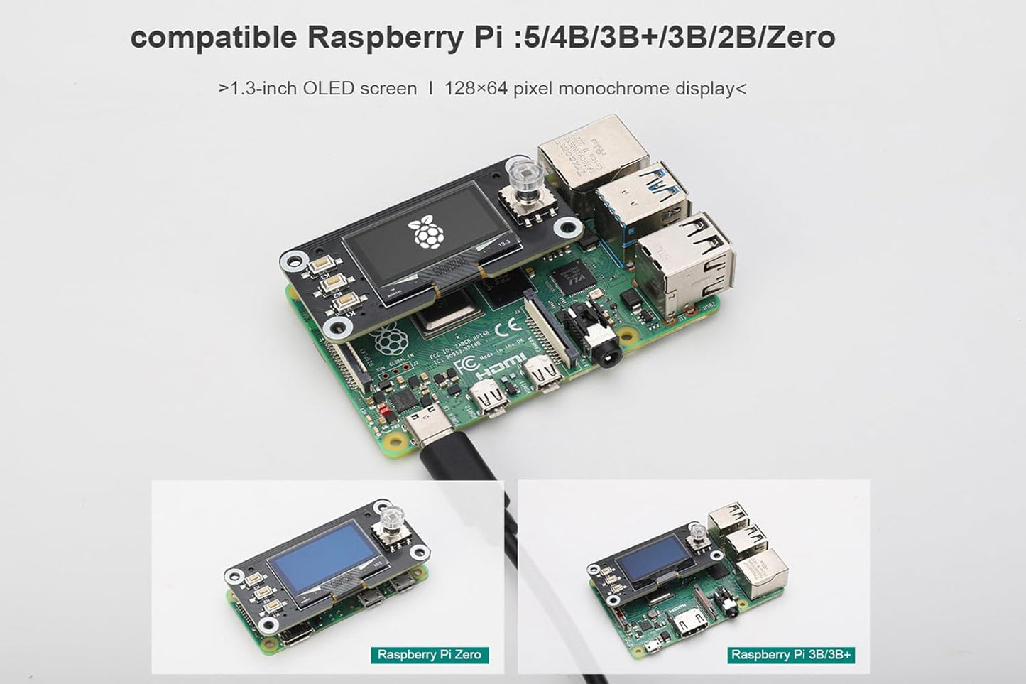 xicoolee 1.3inch 12864 SH1106 SPI/I2C OLED Display HAT for Raspberry Pi, Screen Module with Joystick & Buttons