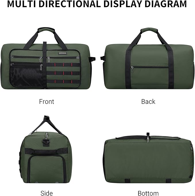 WITZMAN Foldable Duffle Bag for Travel 65L Lightweight Packable Duffel Bag with Shoes Compartment Overnight Bag for Men Women (B697 Army Green）