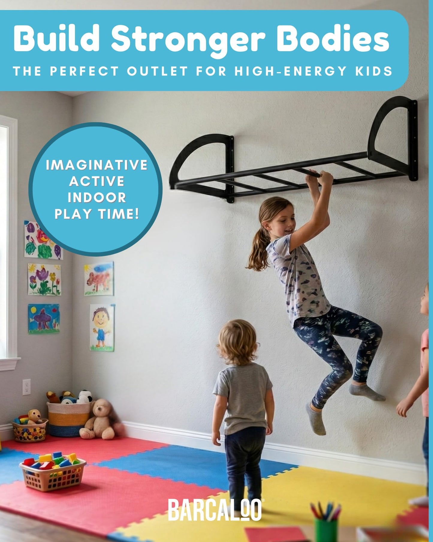 Barcaloo Kids Monkey Bars Indoor Playground Equipment, Jungle Gym for Climbing Indoors or Outdoor - 4ft Wall Mount Ceiling Alternative Climbers & Play Structures for Inside