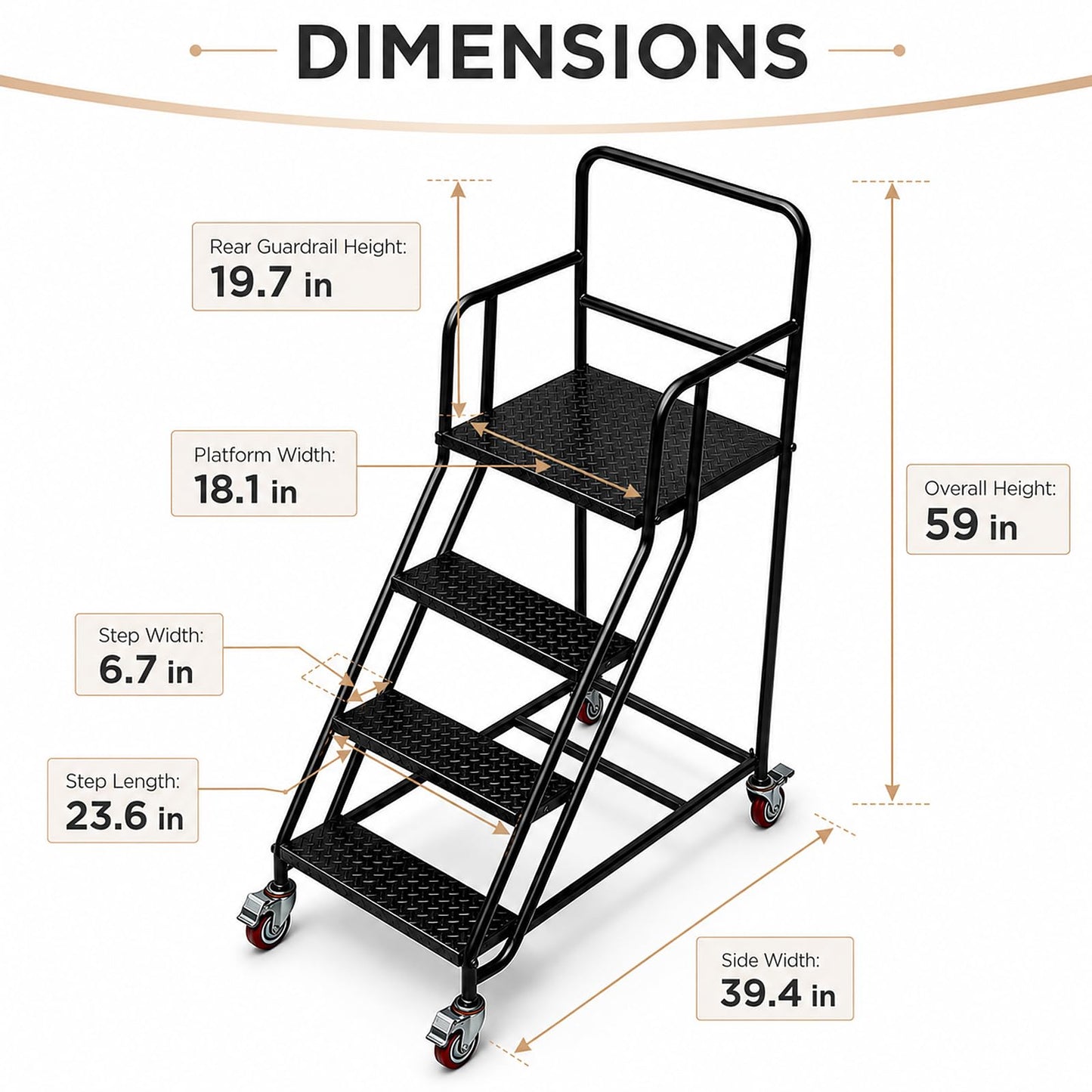 4 Step Rolling Ladder with Handrails, 880 lbs Capacity Heavy Duty Steel Mobile Warehouse Ladder with Locking Wheels, Non-Slip Rolling Stairs with Large Platform for Garage, Stockroom, Library