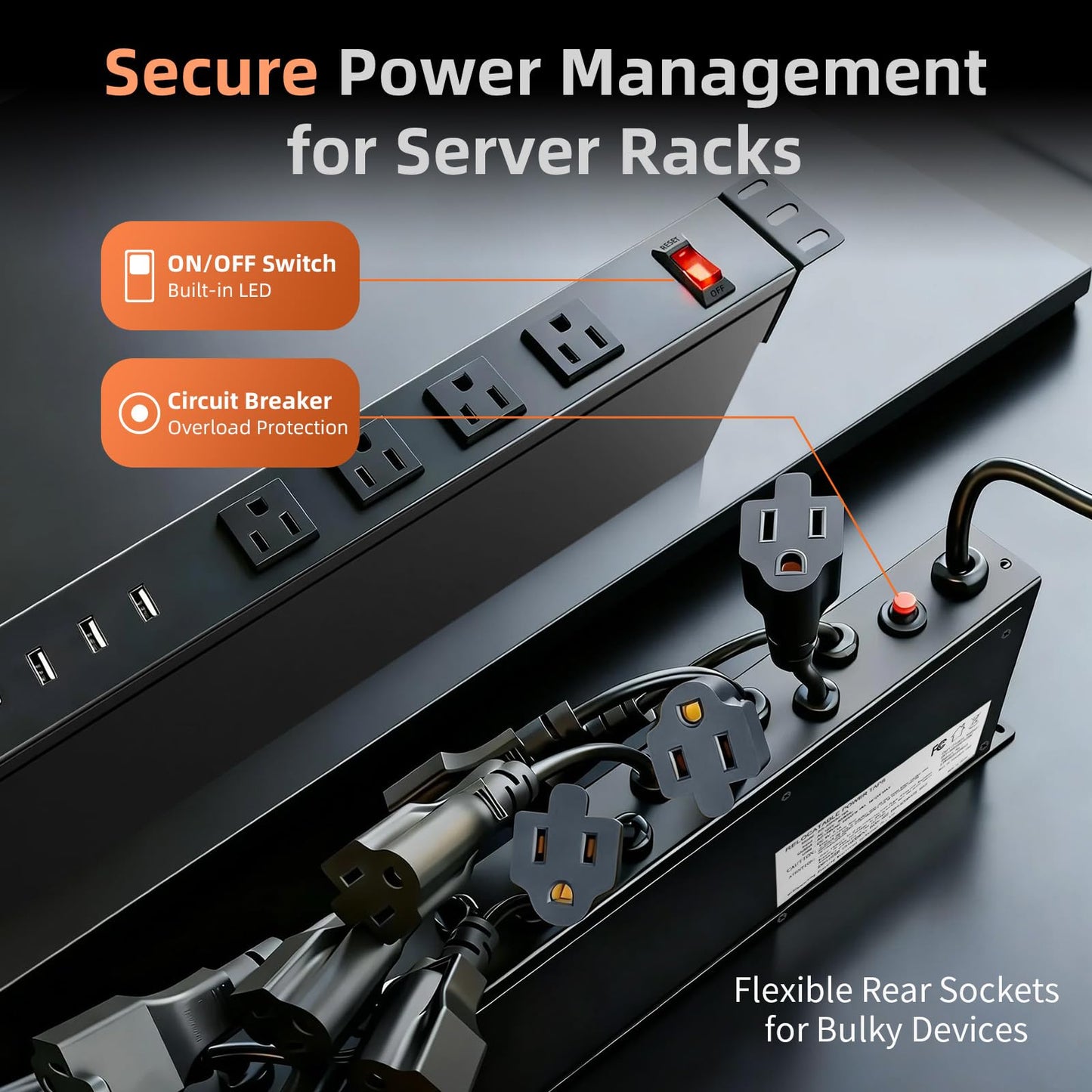 20-Outlet 1U Rack Mount PDU Power Strip – 3 USB-A & 1 USB-C Ports, Wide-Spaced Outlets, 6-Foot Cord, Built-in 15A Overload Switch for 19-Inch Server, AV & Network Racks