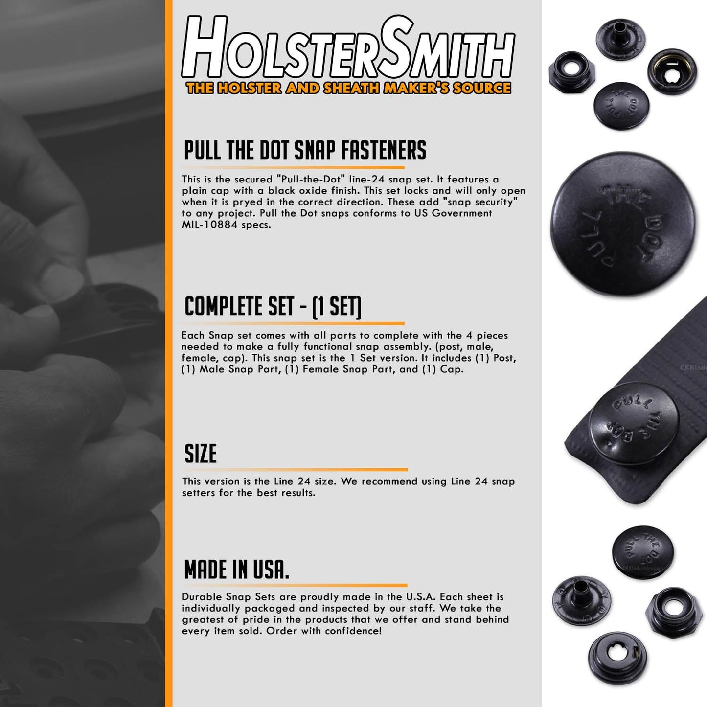 HolsterSmith Metal Snap Sets - (Line 24) - (Pull the Dot) - (Black) - (1 Set) - for Leather, Holsters, Sheaths, Pouches, and Clothing