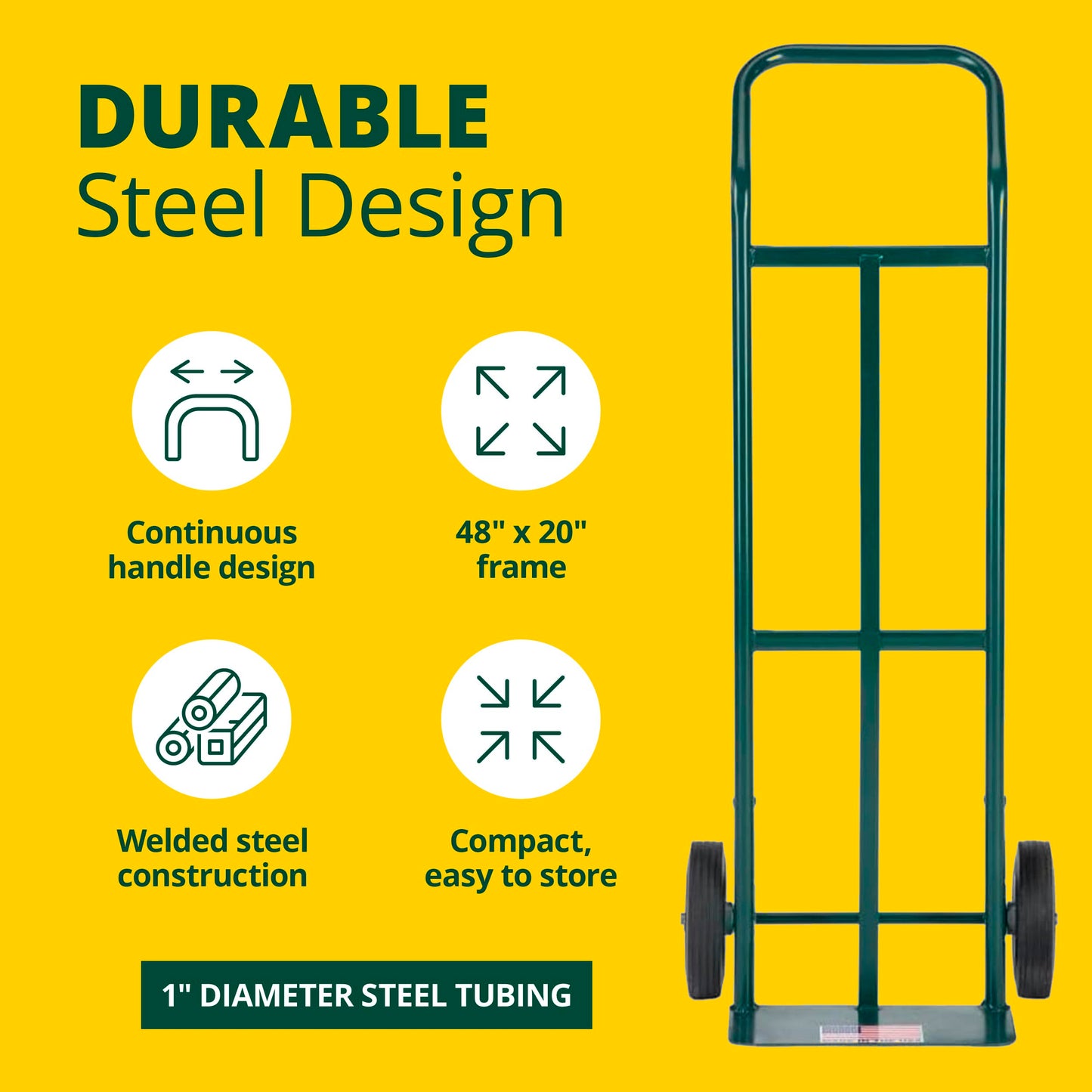Harper Trucks K54B85C Steel Hand Truck, 600 lb Capacity 2 Wheel Dolly with Continuous Handle, 8-Inch Solid Rubber Wheels for Moving, Warehouses, Storage and Home Projects