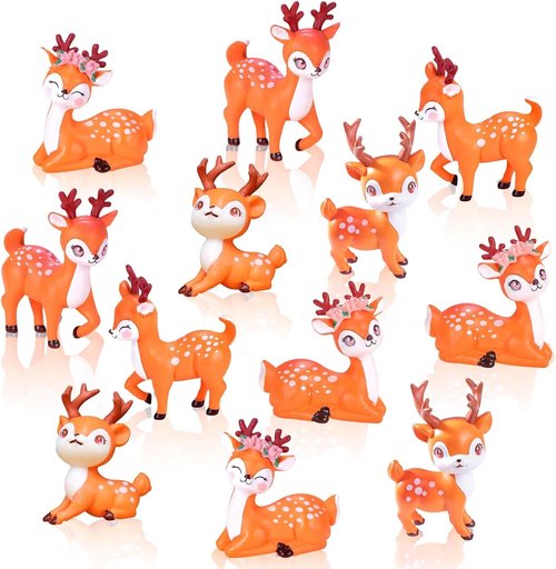 Exasinine Miniature Deer Figurines - 12Pcs Woodland Animal Decor for Crafts & Fairy Gardens