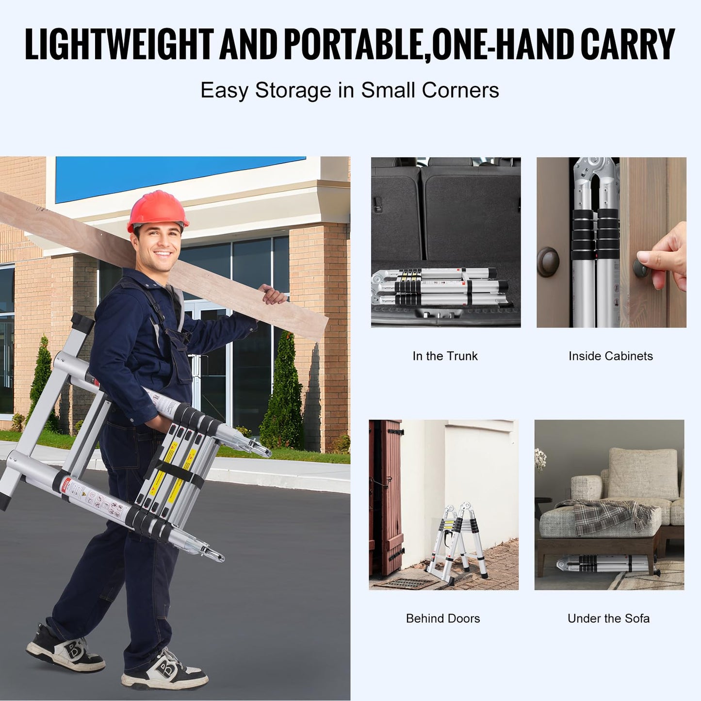 VEVOR 12.5FT Aluminum Telescoping A-Shape Extension Ladder, 375 LBS Capacity Lightweight, Multi-Button Retraction Collapsible Multi-Purpose Ladder with Stabilizer Bar for RV & Camper