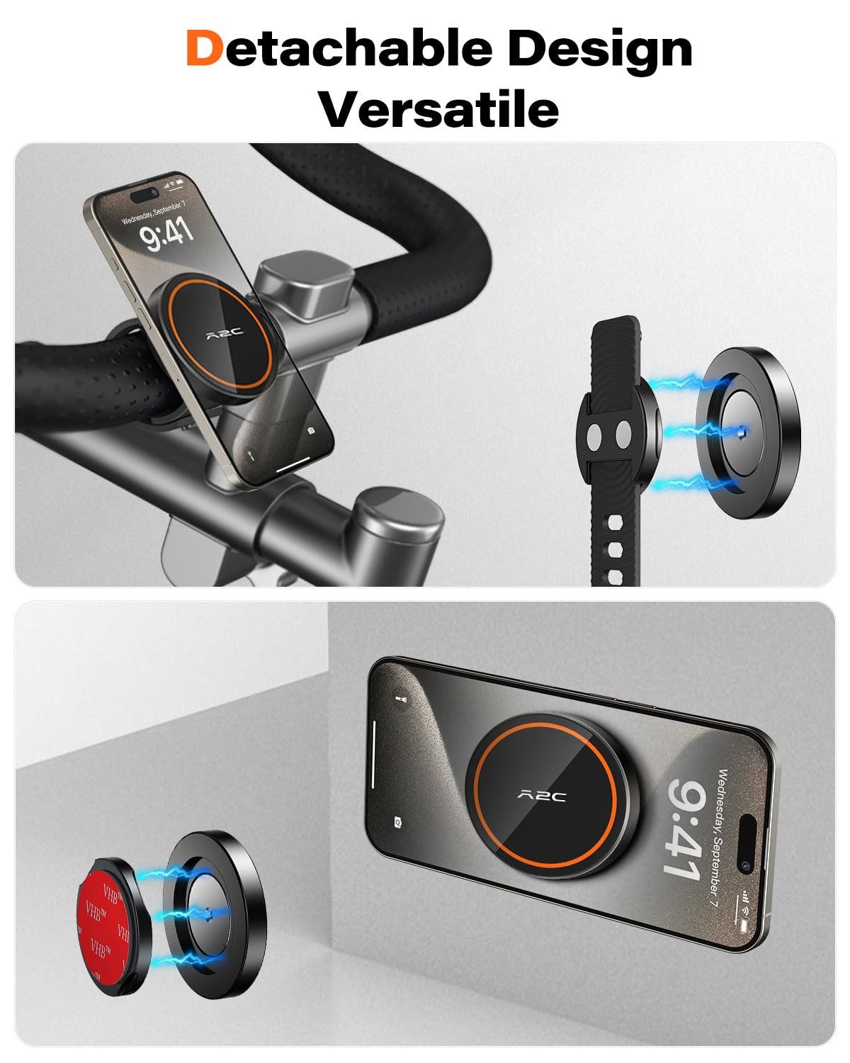 A2C Gym Fitness Phone Mount for MagSafe - 17 N54 Strong Magnets Stable and Secure Phone Mount with Adjustable Strap, 3-in-1 Mount for Gym, Stroller, Golf Push Cart, Treadmill, Peloton Exercise Bikes
