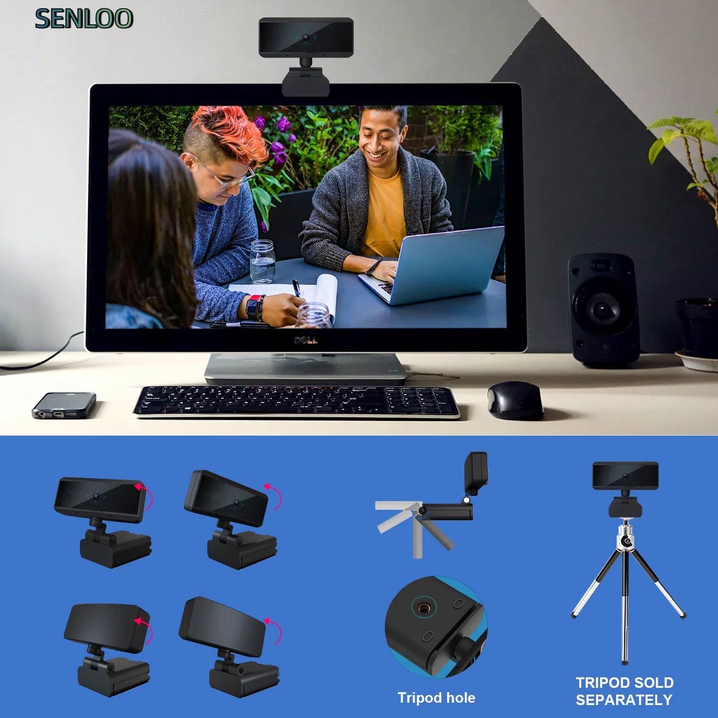SENLOO 1080P Full HD Webcam - Webcam for Pc - Auto Focus Webcams - Wide Angle Camera with Built-in Dual Mic for Laptop