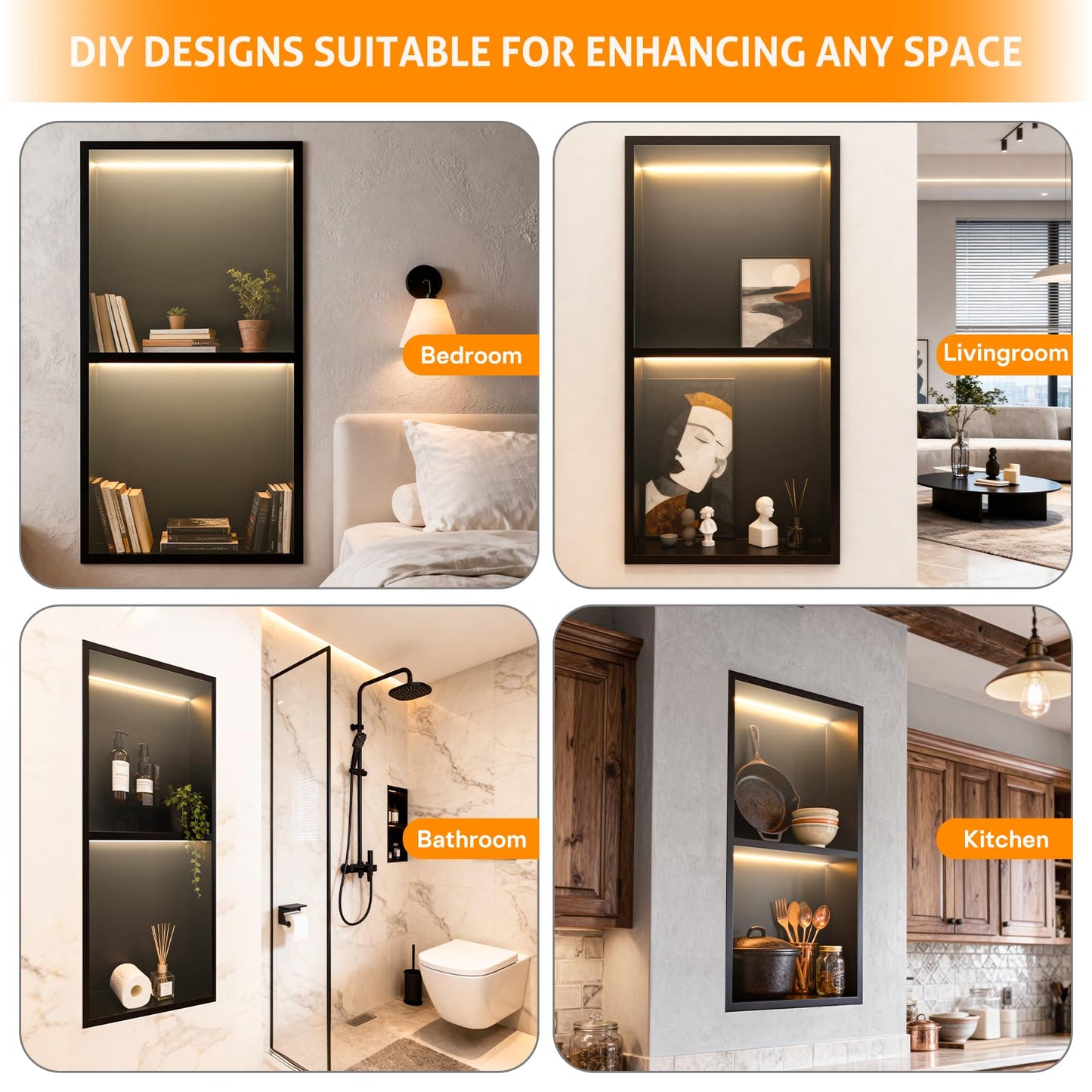 WICHEMI Shower Niche No Tile Needed for Bathroom Storage, Shower Niche LED Lights Waterproof Recessed Wall Niche 12" X 24" Double Shelves 304 Stainless Steel Bathroom Niche for Shower Wall