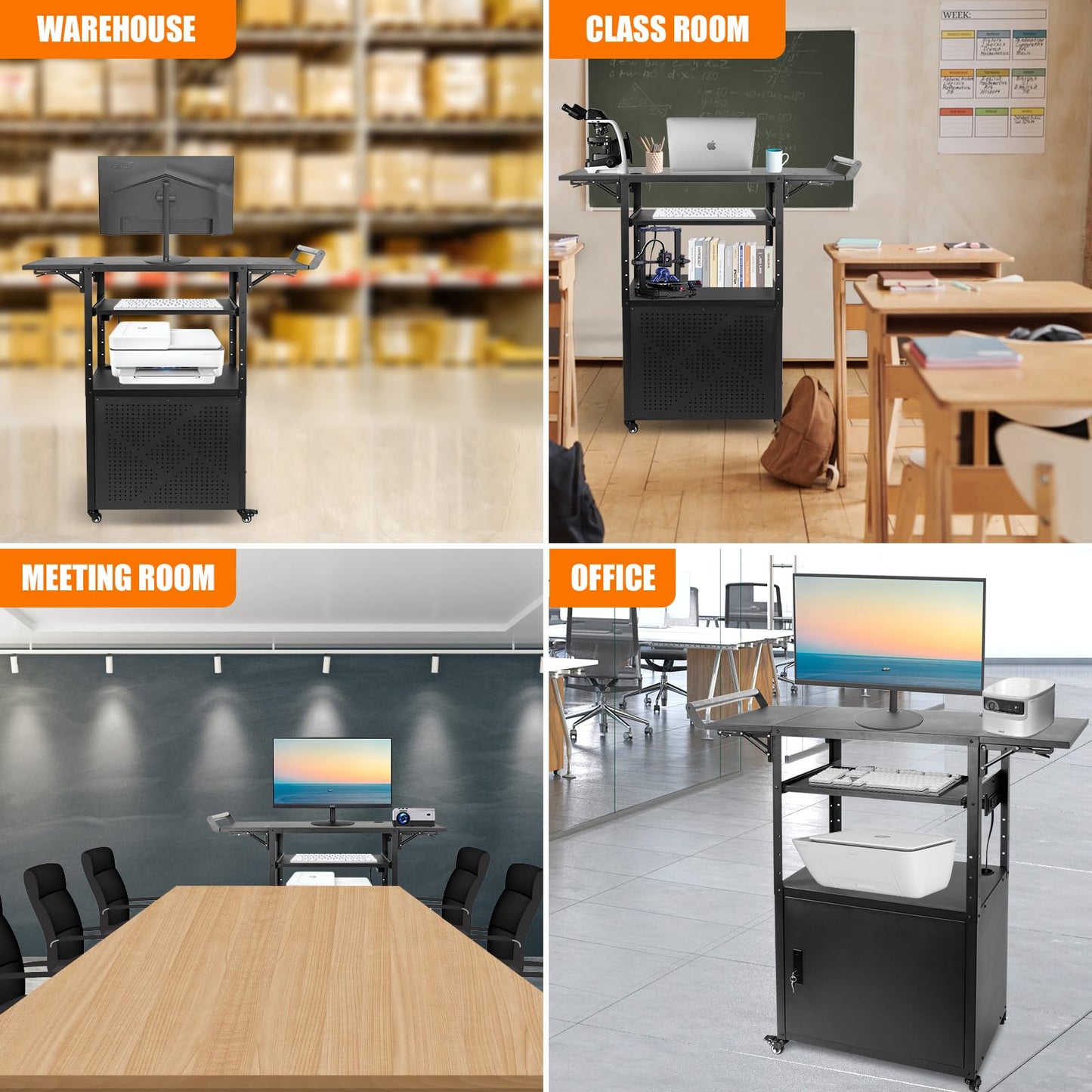 Large Mobile AV Cart with Locking Cabinet and Drop Leaves, Height Adjustable Steel AV Cart with Wheels and Power, Rolling Computer Cart with Pullout Keyboard Tray for Office, Warehouse&Classroom
