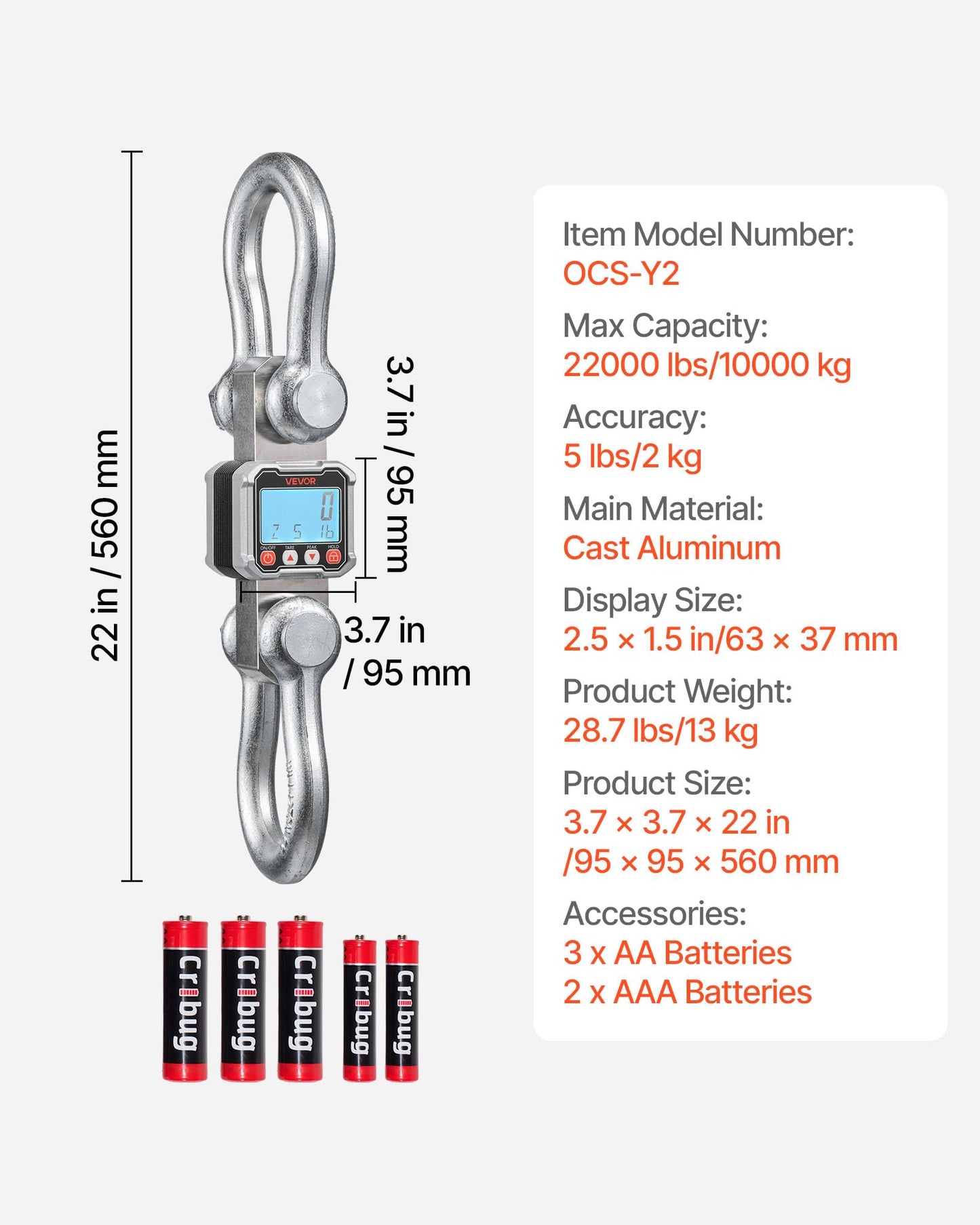 VEVOR Digital Crane Scale, 22000 lbs/10 T Max Capacity, Heavy Duty Industrial Hanging Scale with Cast Aluminum Case & LCD Display, 5 lbs Division & 3 Unit Switch, Remote Control for Garage Factory