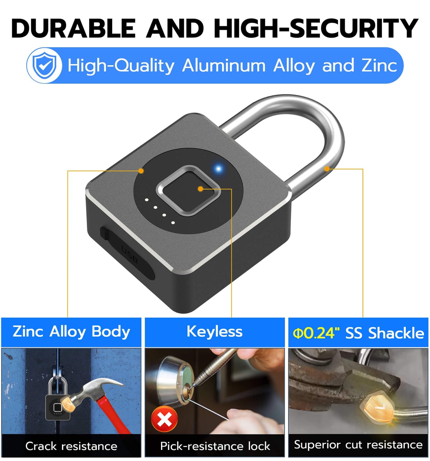 eLinkSmart Fingerprint Gym Locker Lock, Keyless Biometric Padlock, Weatherproof Electronic Digital Bluetooth App Smart Combination Pad Lock for Outdoor Fence Gate Storage Unit Pool Shed - Black