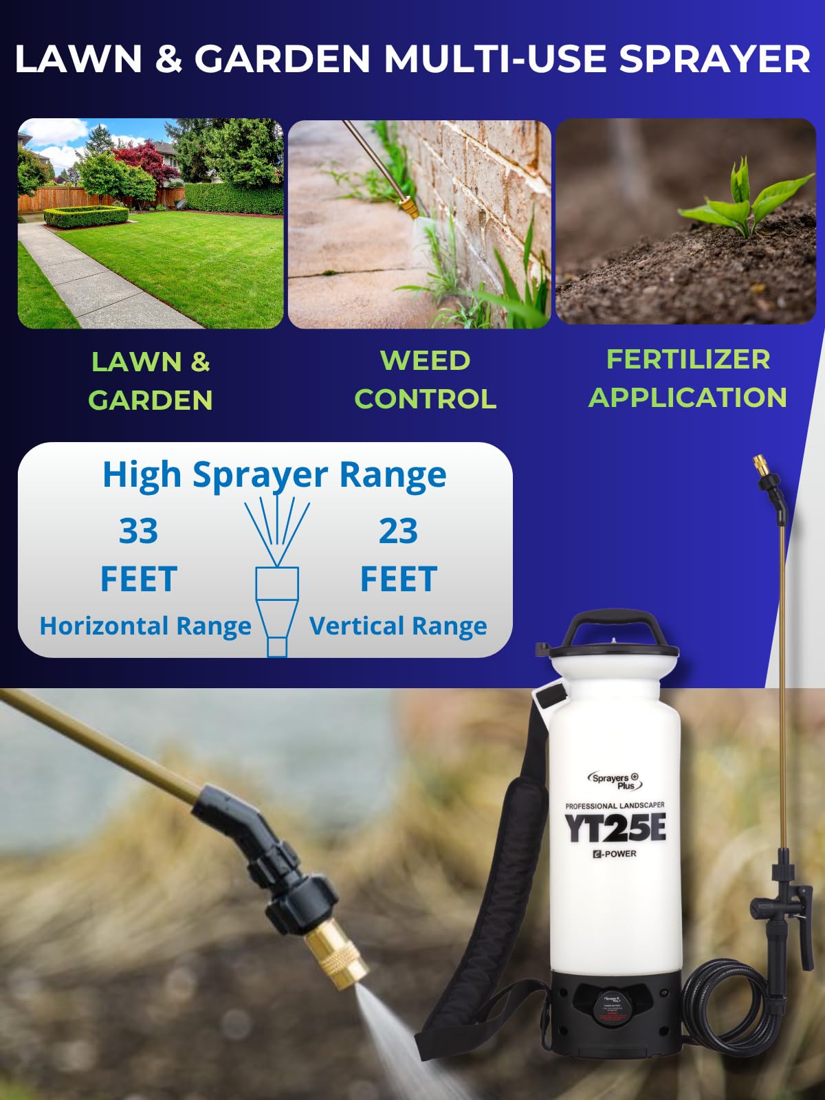 Sprayers Plus YT25E Battery Powered Sprayer 2 Gallon, Rechargeable with 12V Lithium-ion Electric Sprayer,Chemical Resistant Brass Wand Nozzle,Viton Seals for Long Distance Lawn Care