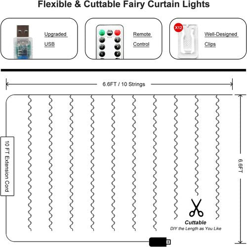 200 LED Fairy Curtain Lights - 6.6 x 6.6 FT Warm White USB Plug with Remote | 8 Modes for Christmas & Events