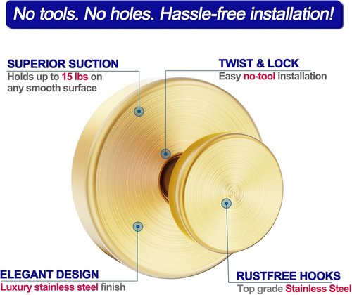 Bntuk Suction Cup Hooks - Removable Towel Hooks for Shower & Bathroom | 4 Pack, Gold Finish