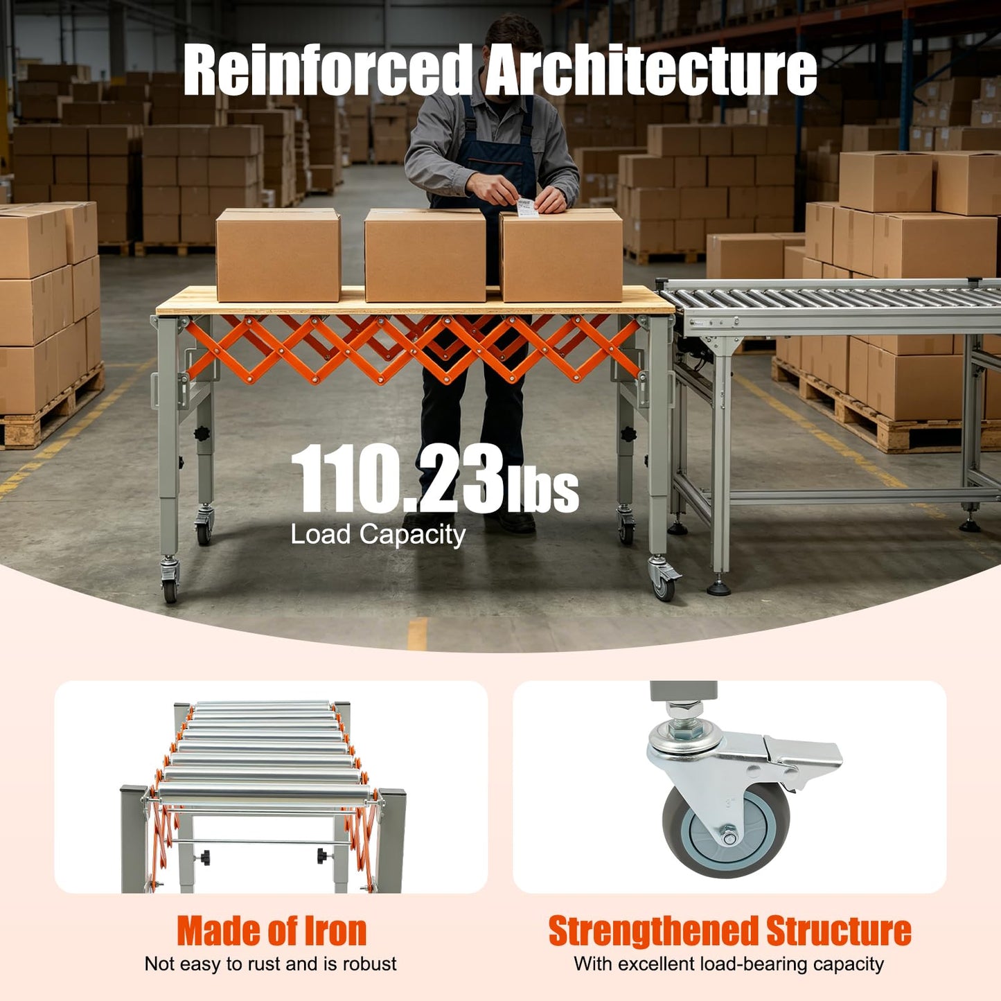 Conveyor Roller Table Adjustable Conveyor Roller Stands with Universal Wheels for Transporting Construction Materials Wood Goods, 110lbs Loading, Adjustable Length and Height