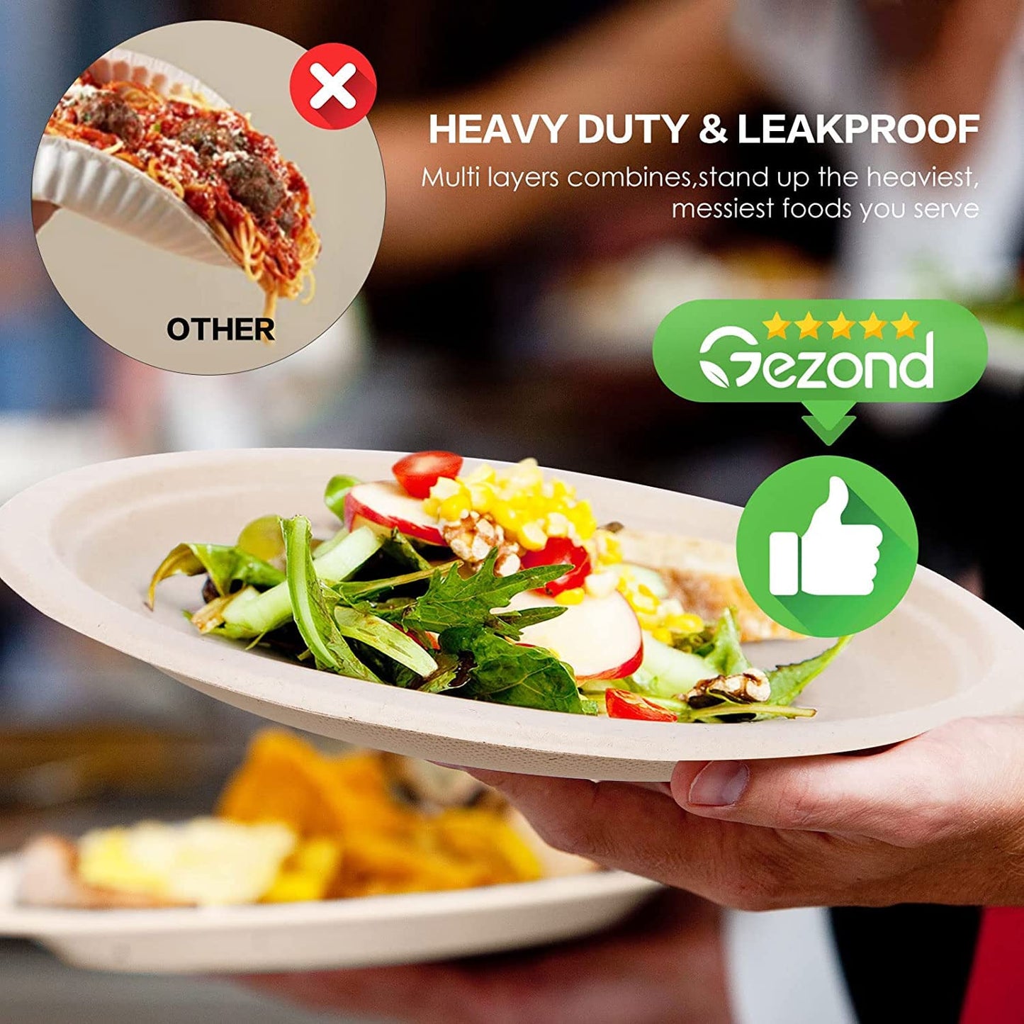 Gezond 100% Compostable Plates, Paper Plates 10 Inch 125 Pack Disposable Heavy-duty Plate Biodegradable Sugarcane Bagasse Plate for Party Picnic (Natural)