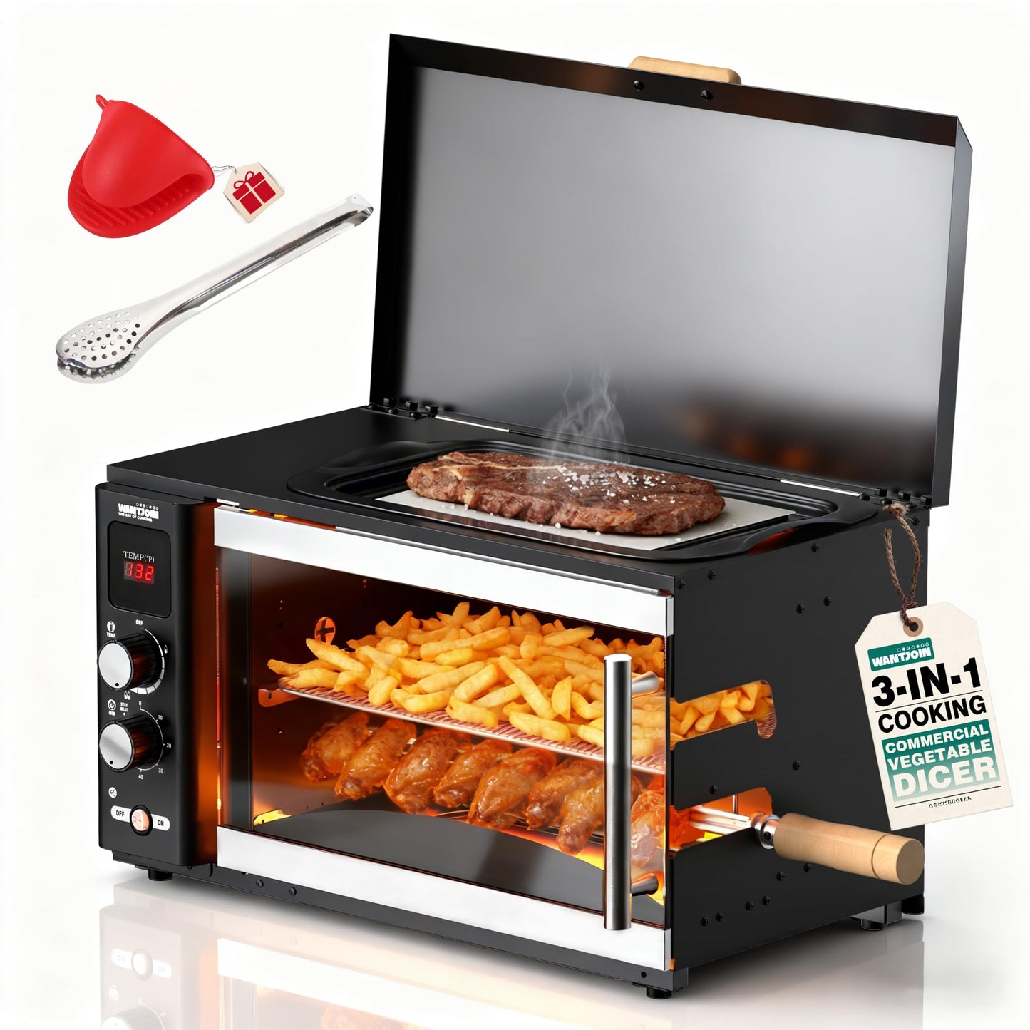 WantJoin Electric Rotisserie Oven - 37QT 3-in-1 Rotisserie Grill Oven, Dual Skewers, Grilling Rack, 360°Auto-Rotate Heating, Rotisserie Cooker Machine for Home Kitchen & Party Use,1800W