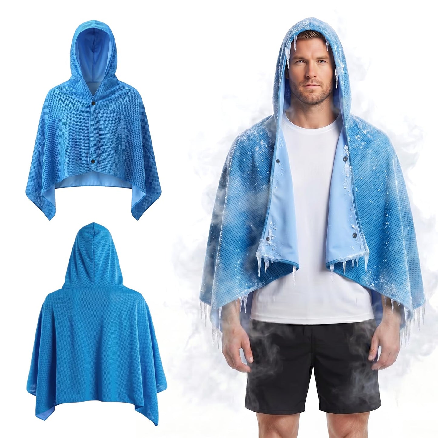 MBVOICO Cooling Hooded Beach Towel Cloak for Men Women - Double Layer PVA Fabric Cool Towel Cape, Instant Cooling Soft Ice Towelfor Beach Yoga Camping (Blue)