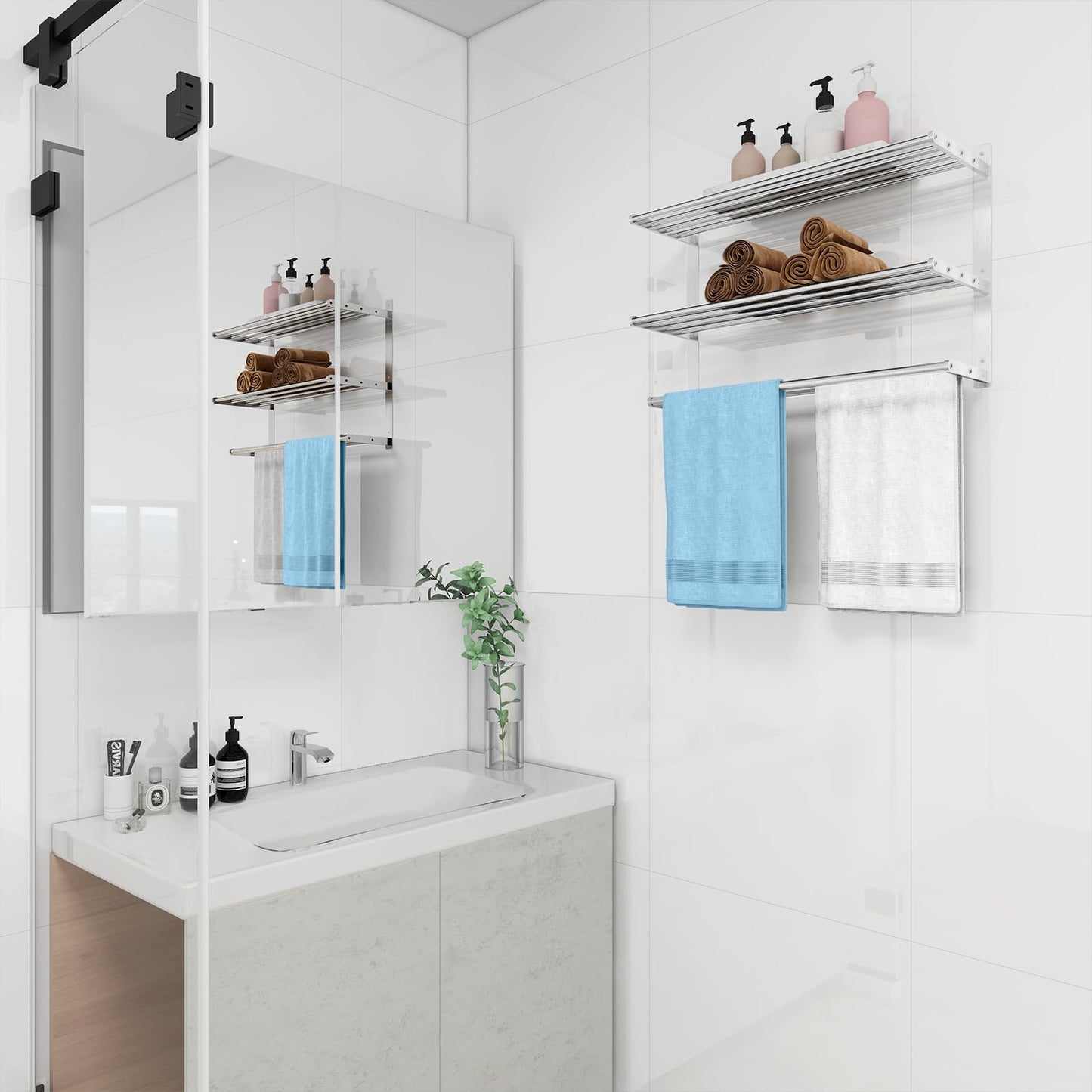 Towel Racks for Bathroom Wall 24 Inch, 3 Tier Bathroom Towel Shelf with Double Towel Bar, Stainless Steel Towel Rack with Towel Shelf, Towel Hanger Holder for Bathroom Towel Storage, Brushed Nickel