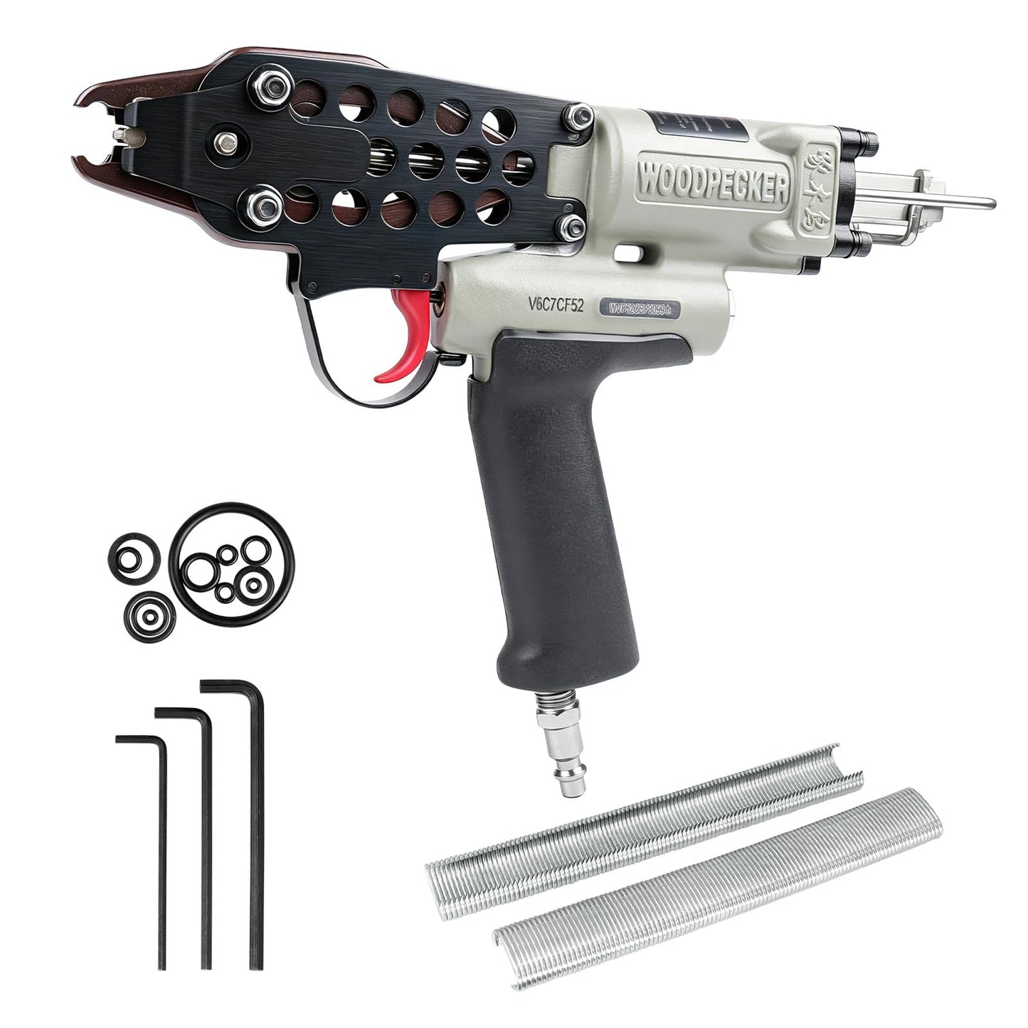 WOODPECKER V6C7CF52 3/4-Inch Pneumatic Hog Ring Gun 15 Gauge 0.205"-0.228" Closure Diameter with Stainless Steel Magazine, Air Hog Ring Plier for Fencing, Cages, Spring Mattress
