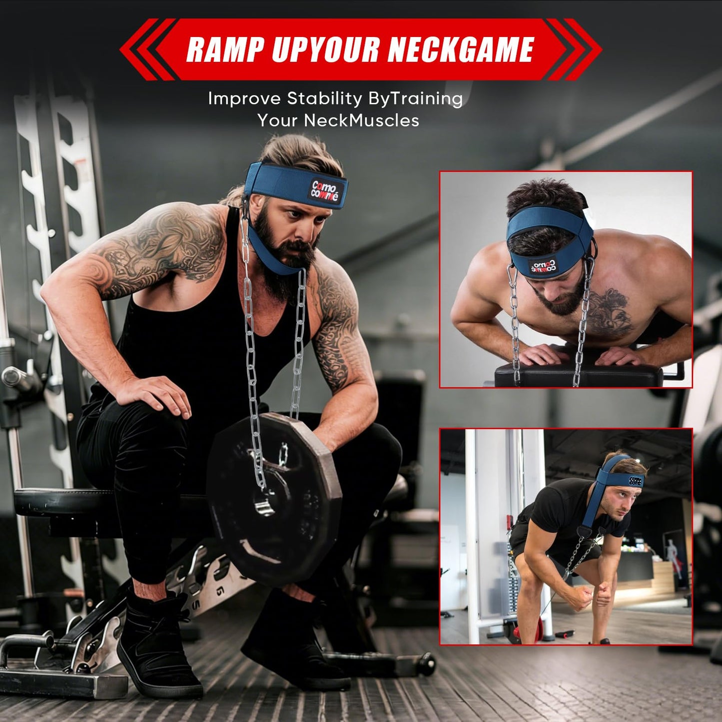 Fitness Neck Head Harness Trainer for Men and Women, Blue Neck Exerciser with 30" Heavy Duty Steel Chain for Safely Lifting, Adjustable Neoprene Neck Exerciser for Weight Lifting, Home and Gym Use
