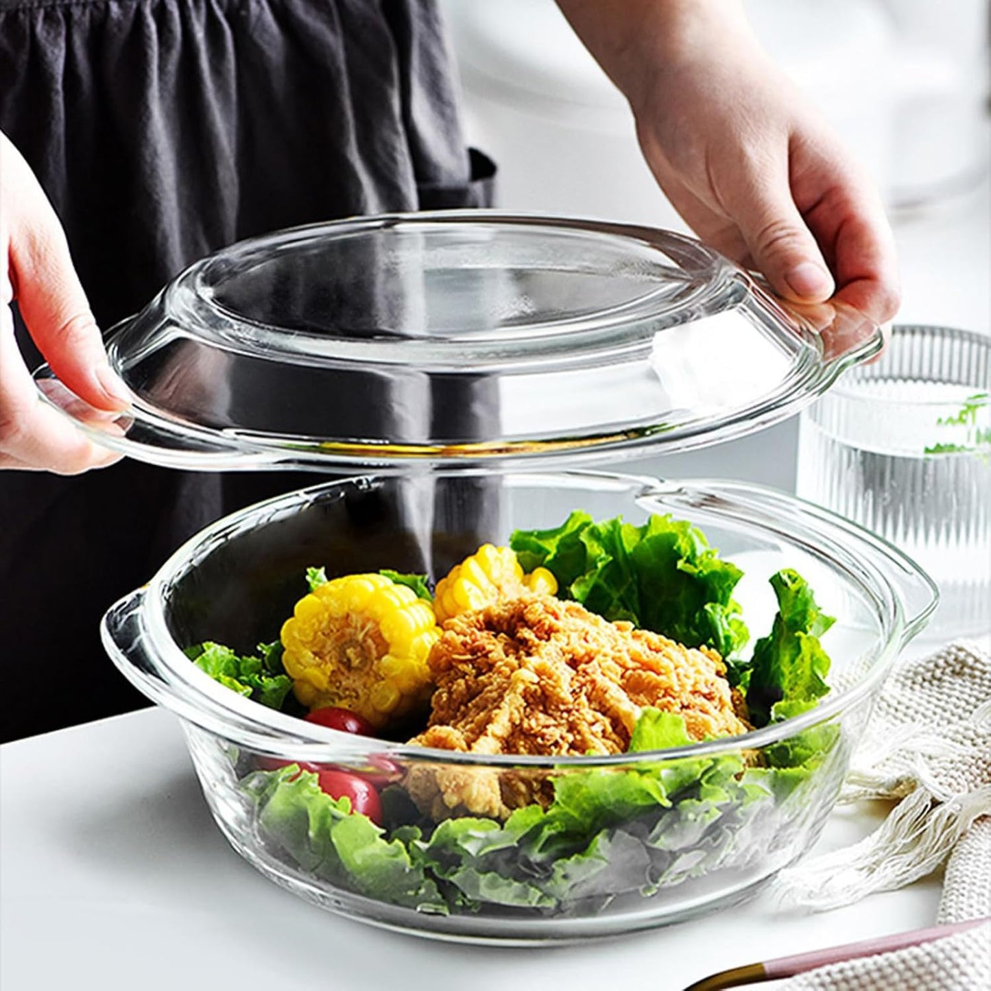 Skiennix Casserole Baking Dish - 2-Piece Mini Round Set with Handle & Lid | 3/4 Quart, Tempered Glass, Oven Safe