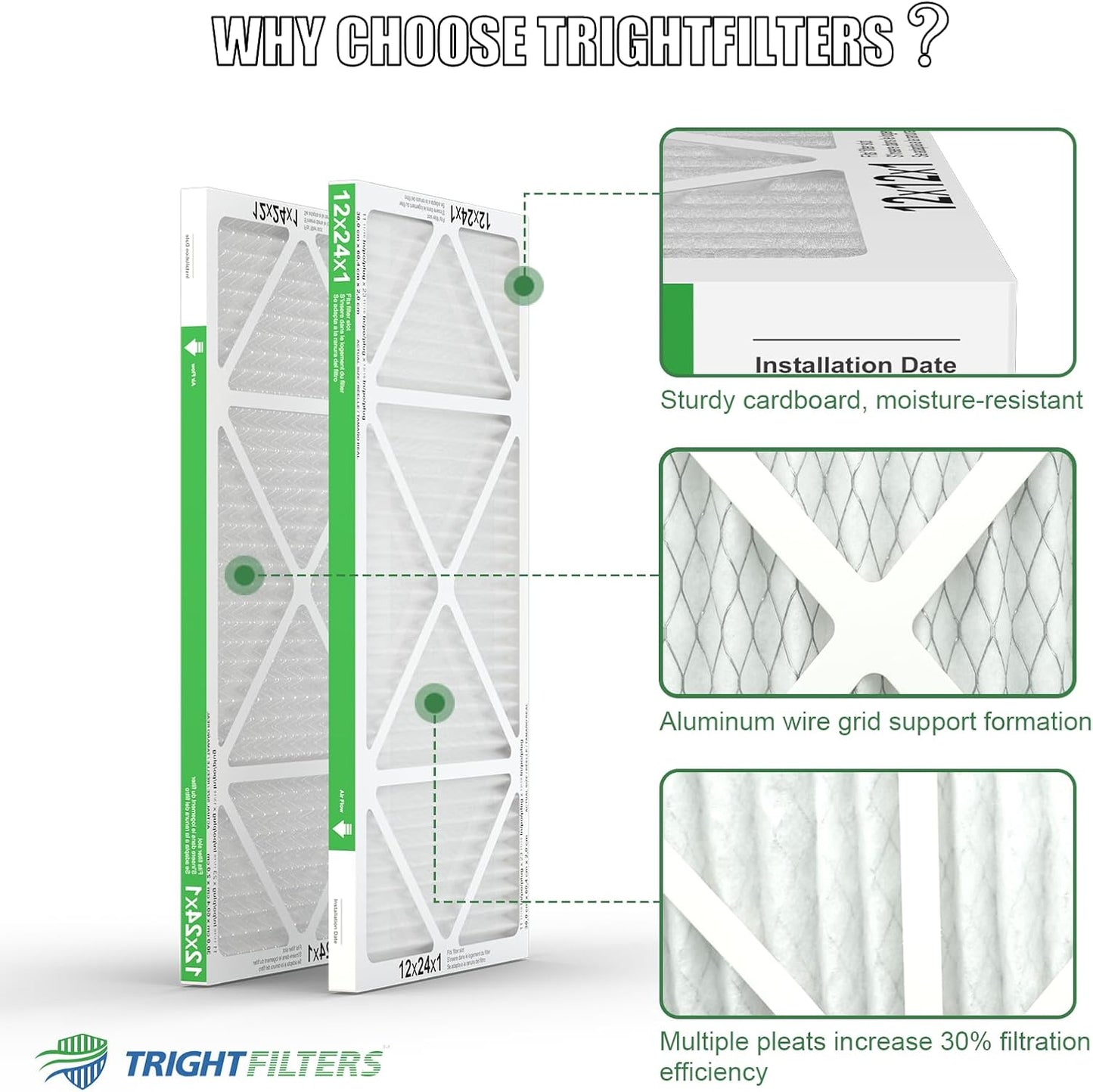 TRIGHTFILTERS 12x24x1 Air Filter - MERV 8 Pleated Dust Defense | 4-Pack Replacement for HVAC & AC Systems
